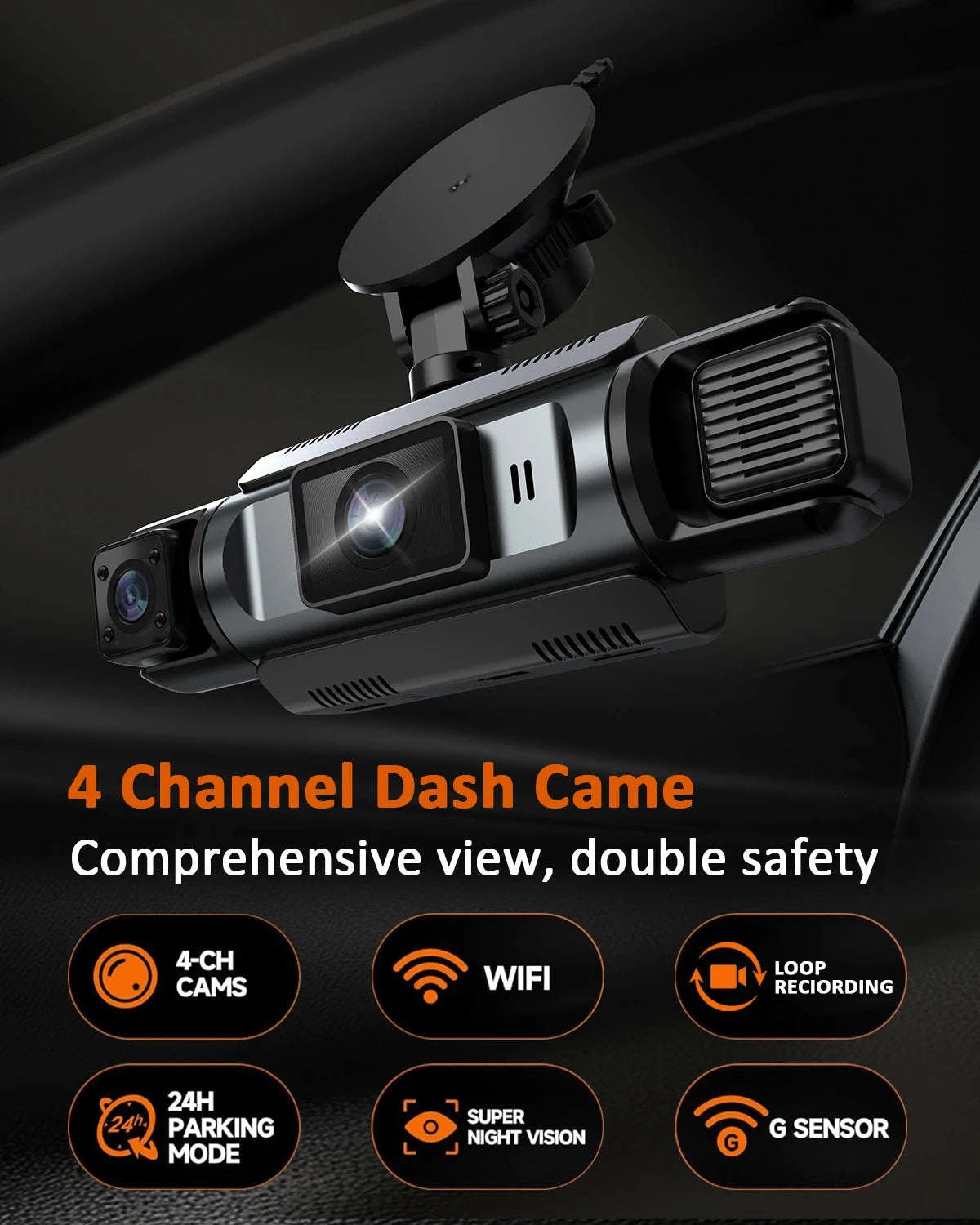 4-Channel WiFi Dash Camera with Night Vision-No Hardwire kit / China Mainland / No Card