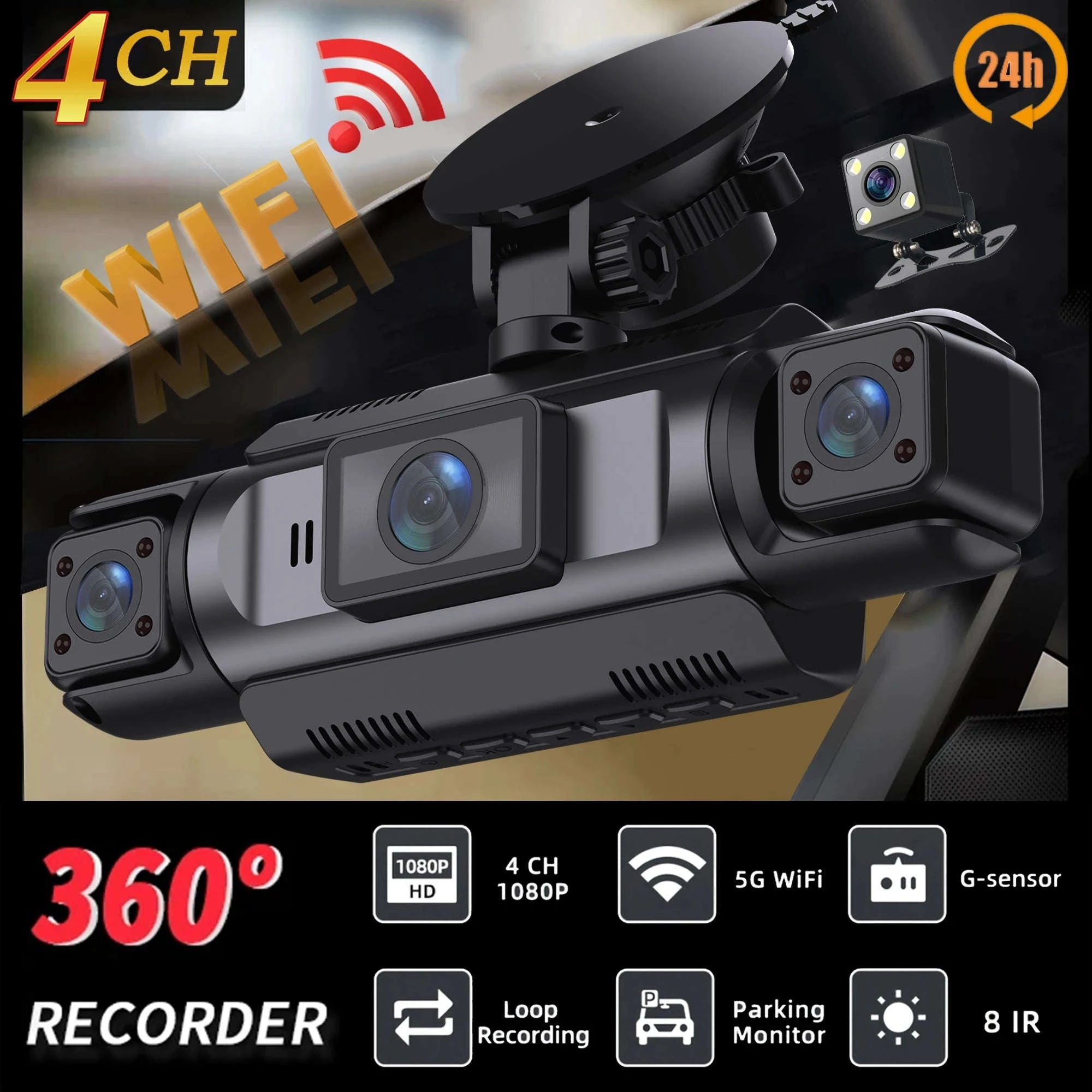 4-Channel WiFi Dash Camera with Night Vision-No Hardwire kit / China Mainland / No Card