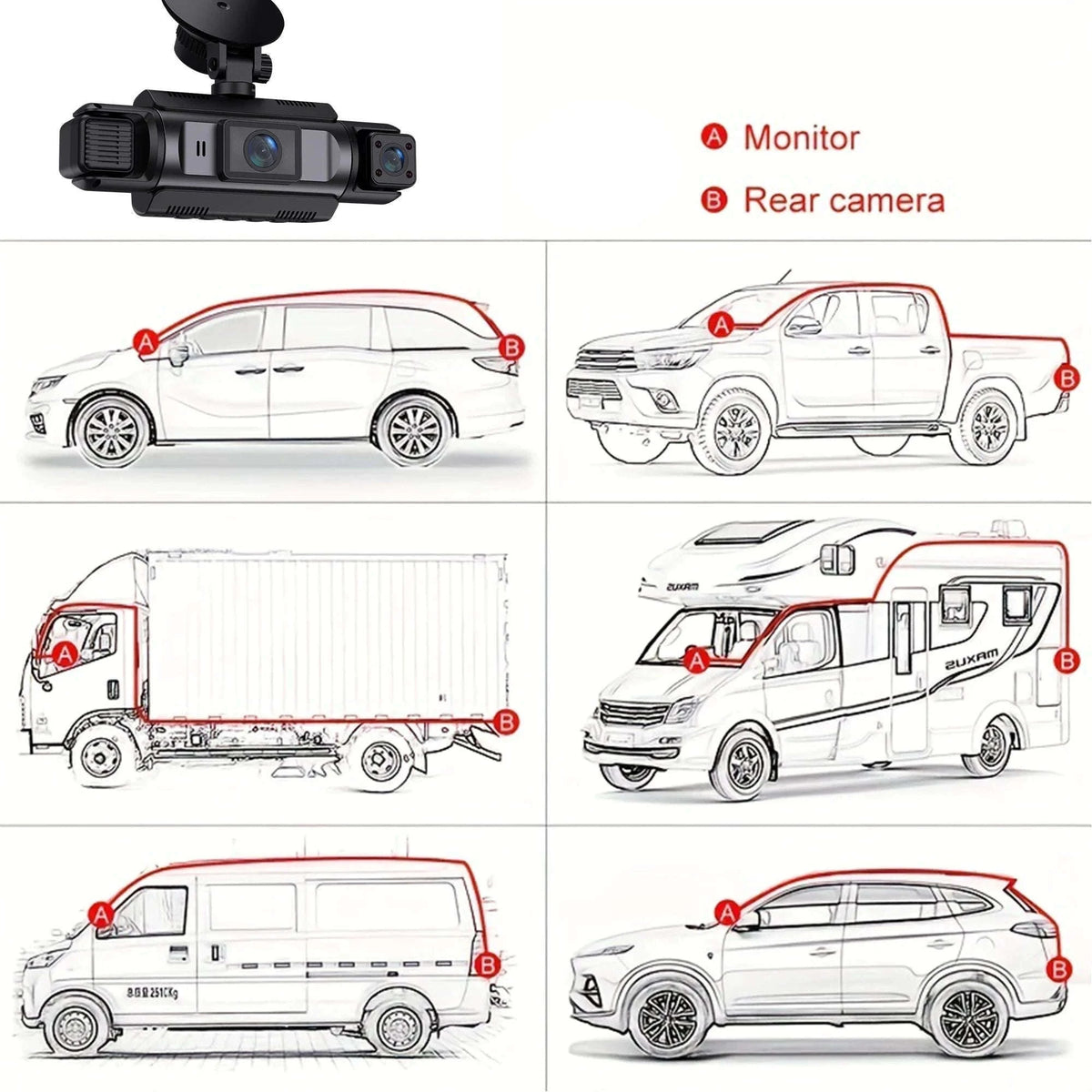 4-Channel WiFi Dash Camera with Night Vision-No Hardwire kit / China Mainland / No Card