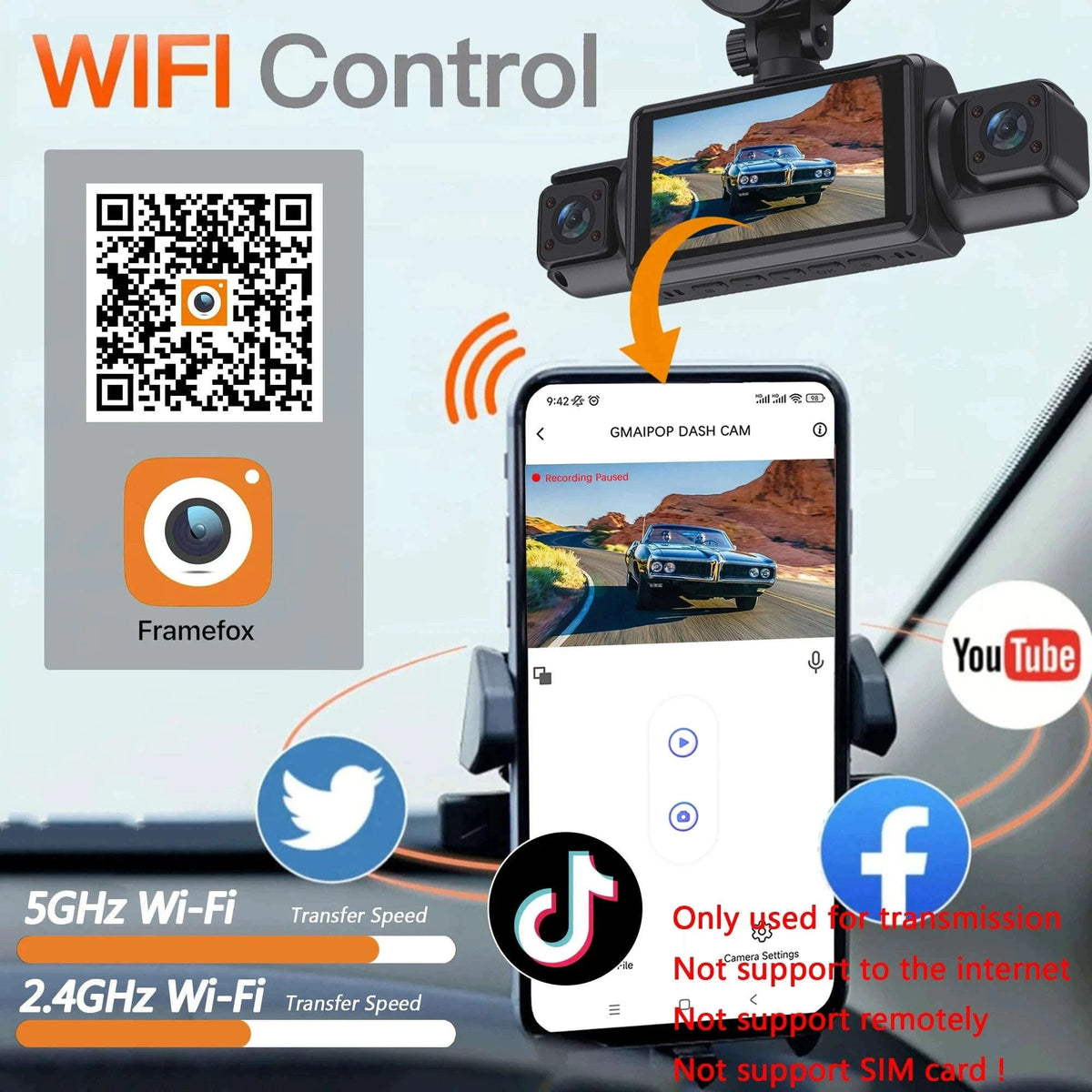 4-Channel WiFi Dash Camera with Night Vision-No Hardwire kit / China Mainland / No Card