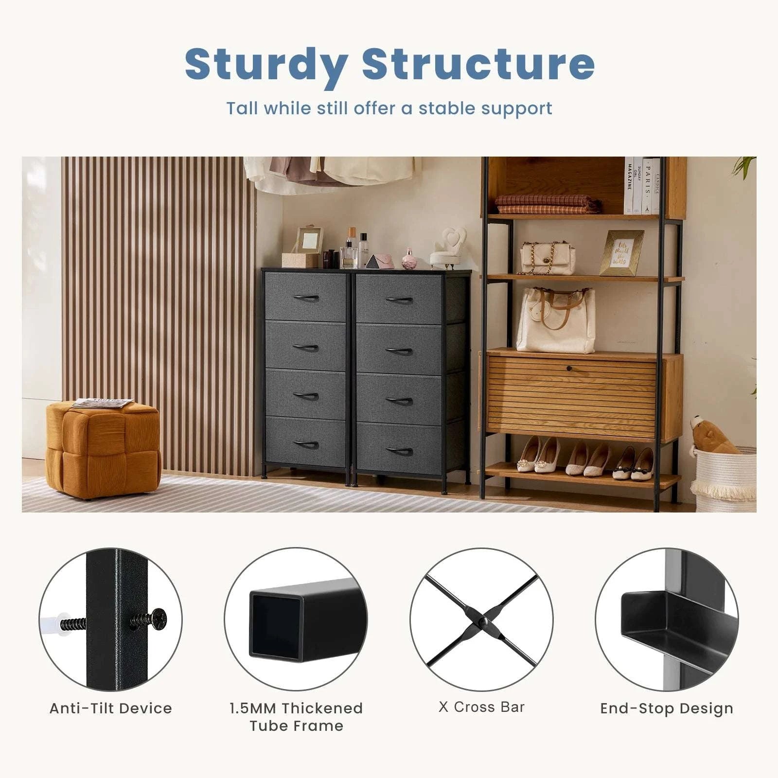 4-Drawer Fabric Dresser Nightstand with Metal Frame Storage-black / United States