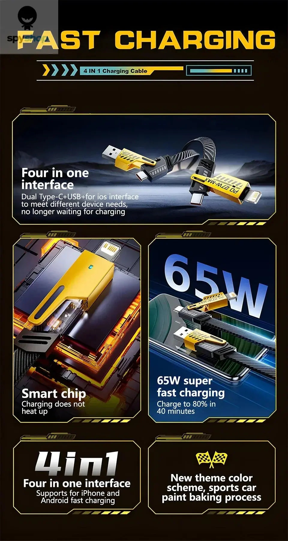 4 in 1 Mecha Fast Charging Data Cable Cord PD 27W For iPhone 15 Samsung Xiaomi 65W USB Type C Multi Port Quick Charge Wire Line Spy-shop.com