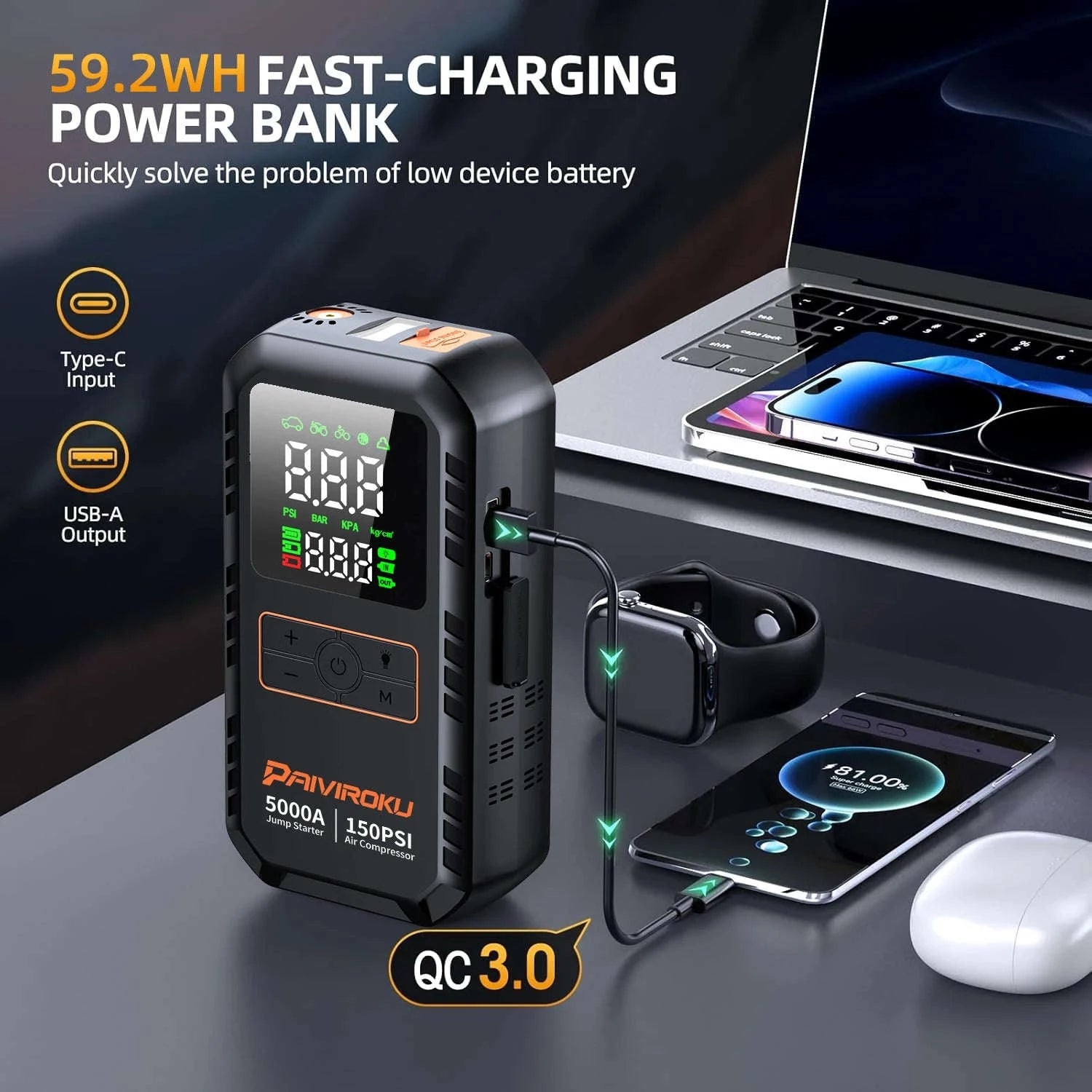 4-in-1 Car Jump Starter with Air Compressor, 150 PSI Tire Inflator, Power Bank-16000mah / China Mainland