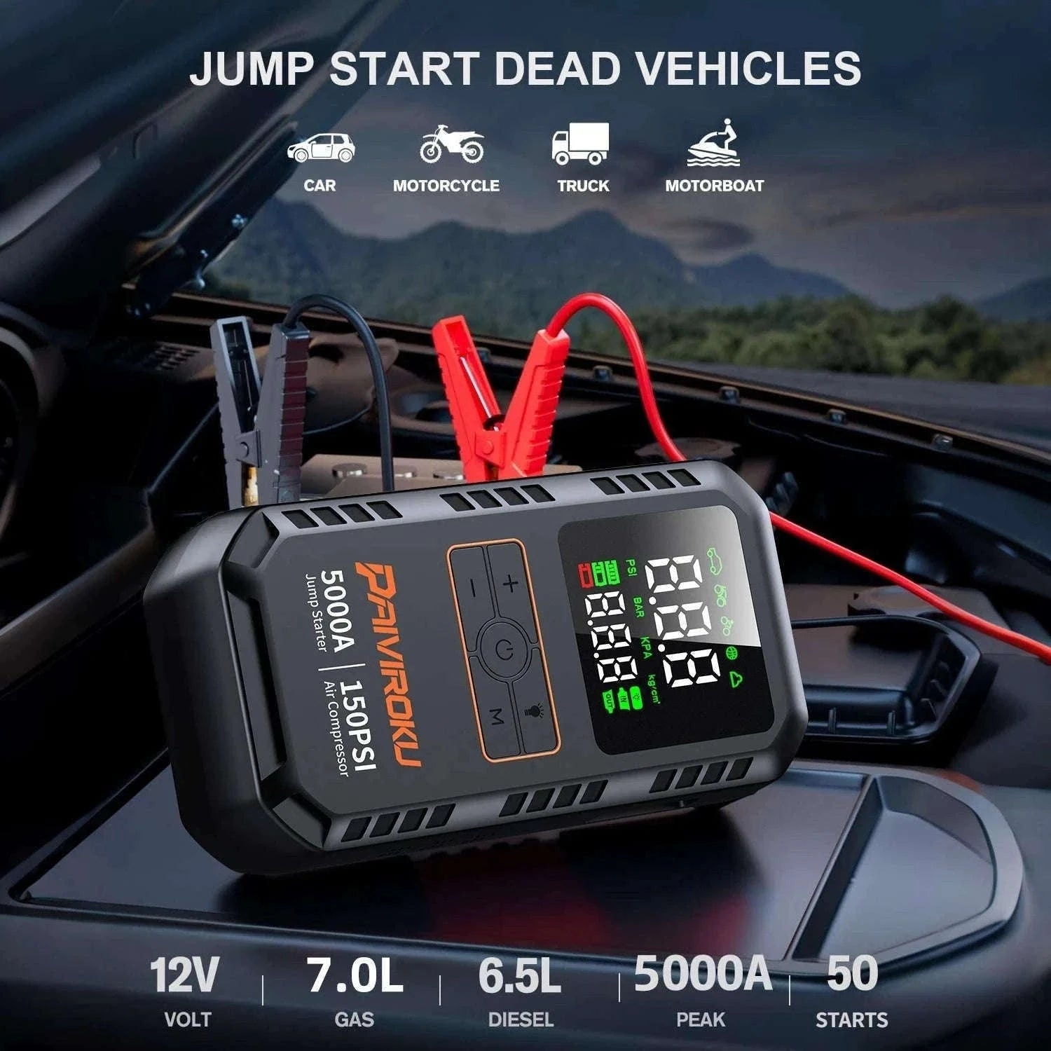 4-in-1 Car Jump Starter with Air Compressor, 150 PSI Tire Inflator, Power Bank-16000mah / China Mainland