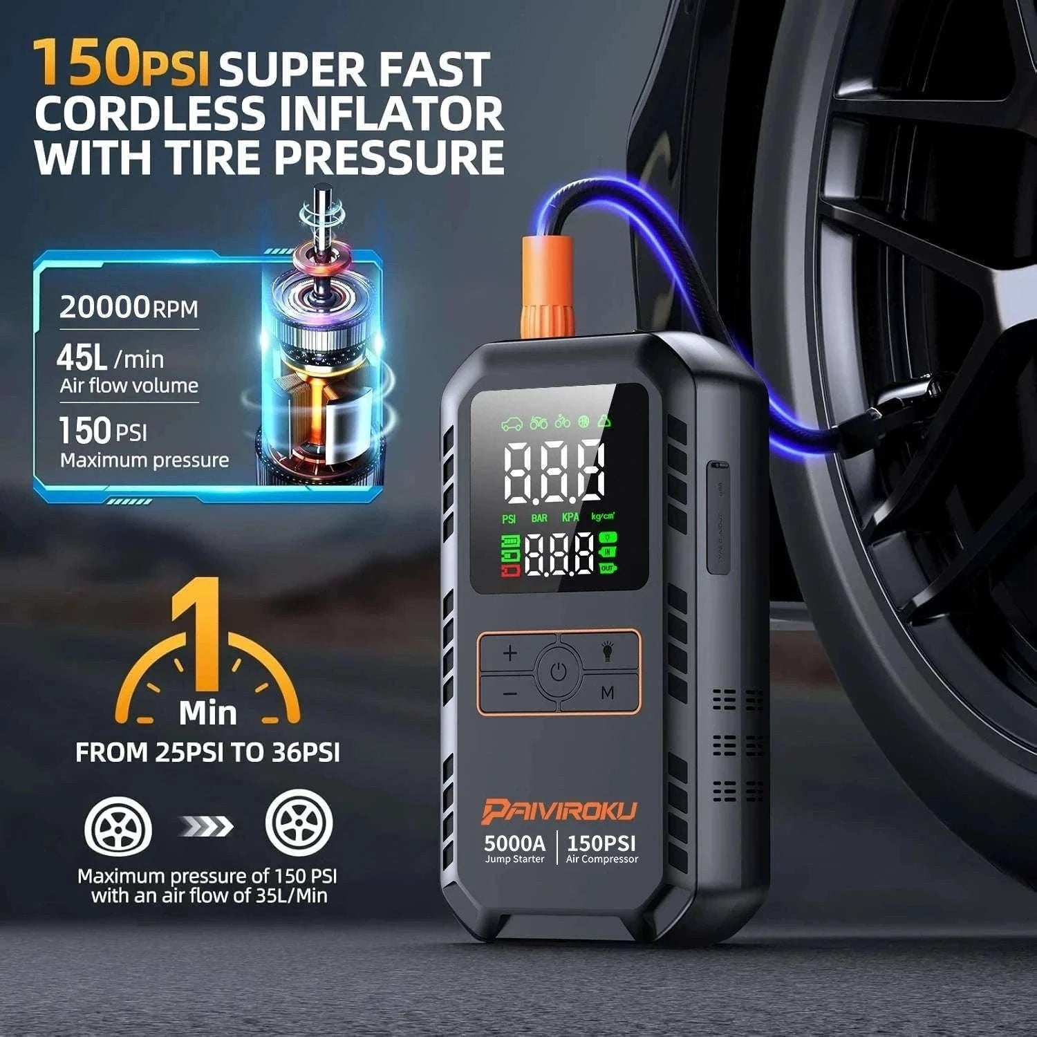 4-in-1 Car Jump Starter with Air Compressor, 150 PSI Tire Inflator, Power Bank-16000mah / China Mainland