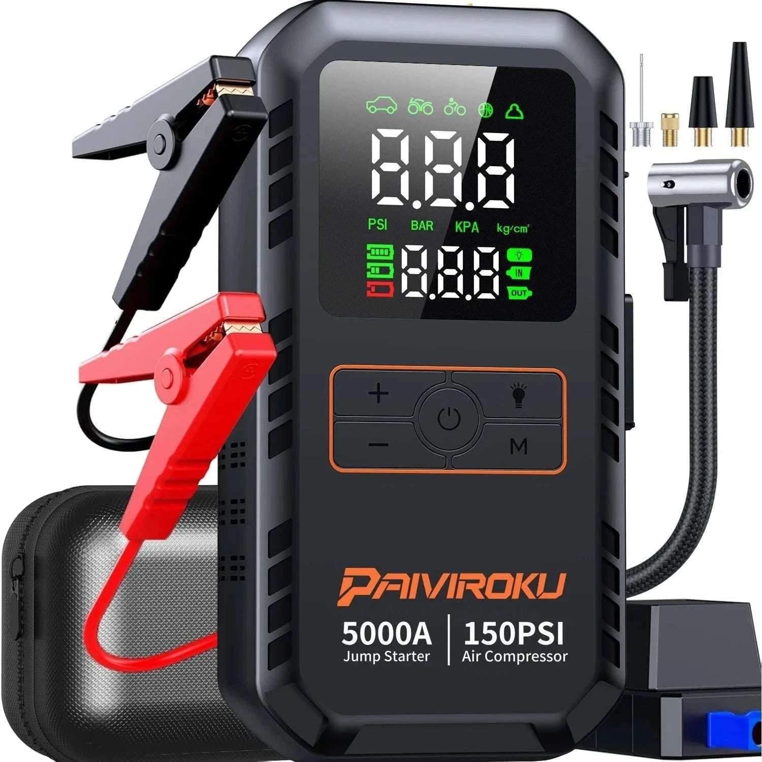 4-in-1 Car Jump Starter with Air Compressor, 150 PSI Tire Inflator, Power Bank-16000mah / China Mainland