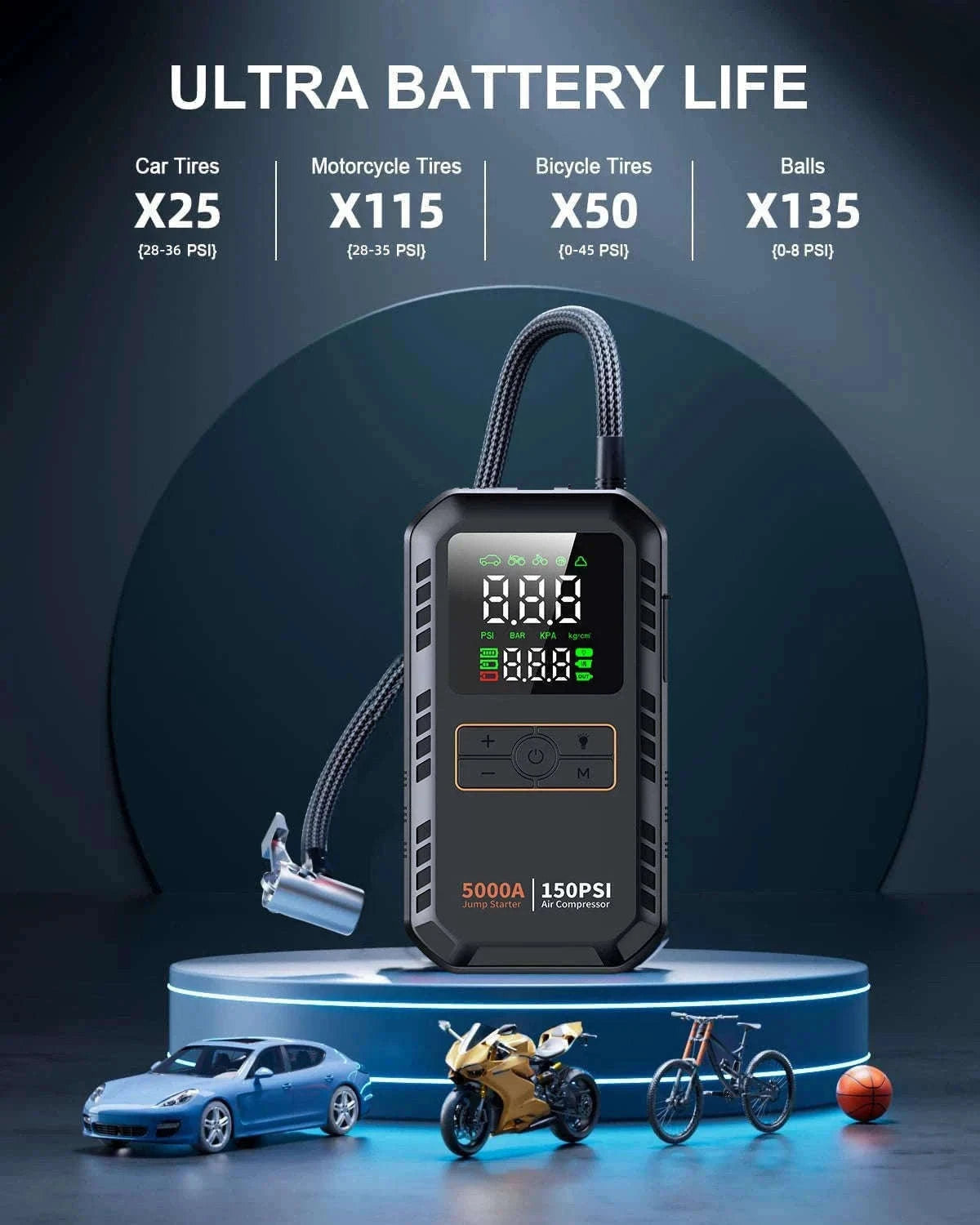 4-in-1 Car Jump Starter with Air Compressor, 150 PSI Tire Inflator, Power Bank-16000mah / China Mainland