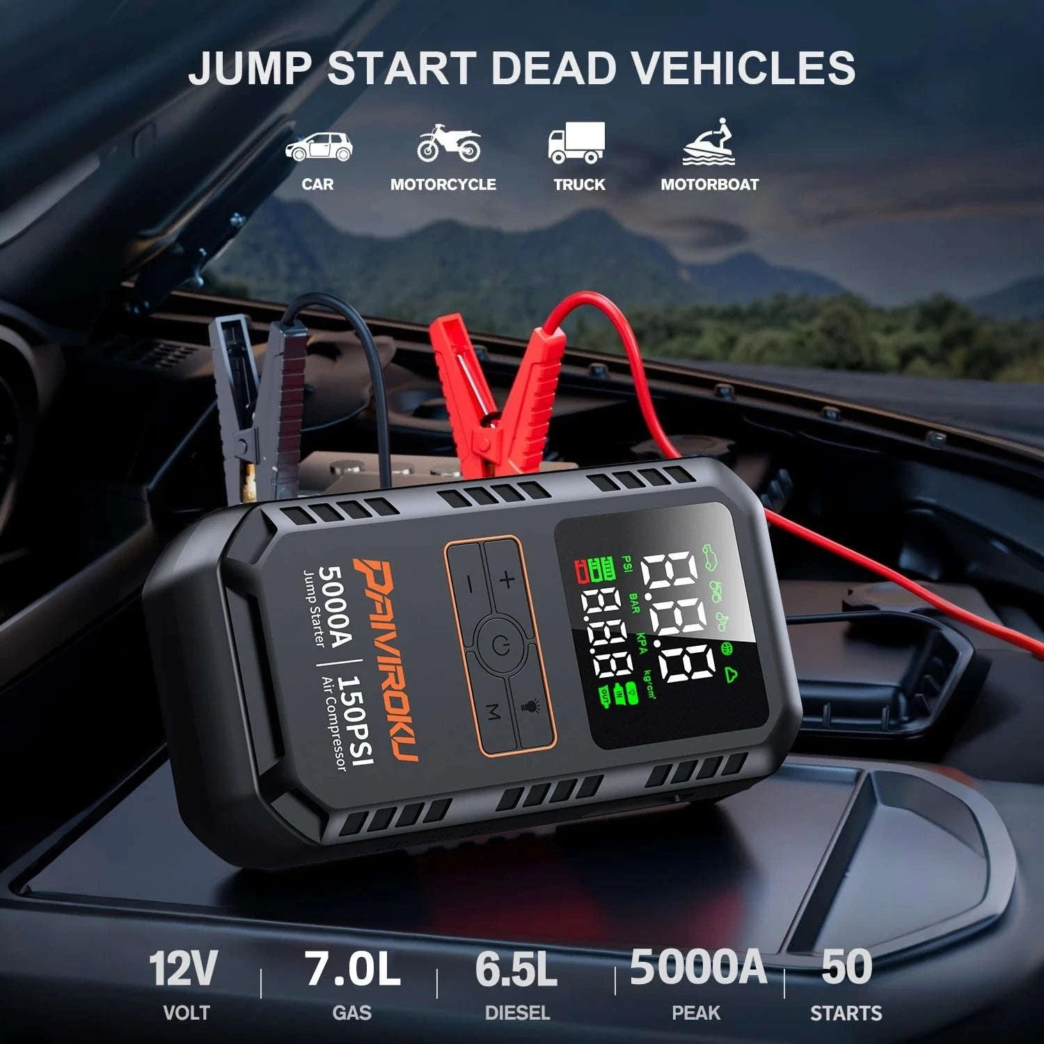 4-in-1 Car Jump Starter with Air Compressor, 150 PSI Tire Inflator, Power Bank-16000mah / China Mainland
