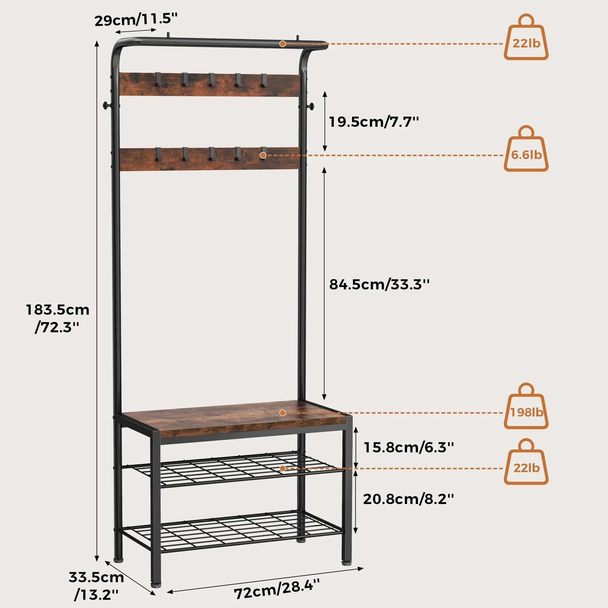 4-in-1 Entryway Coat Rack with Shoe Bench and Storage Hooks-Brown / United States