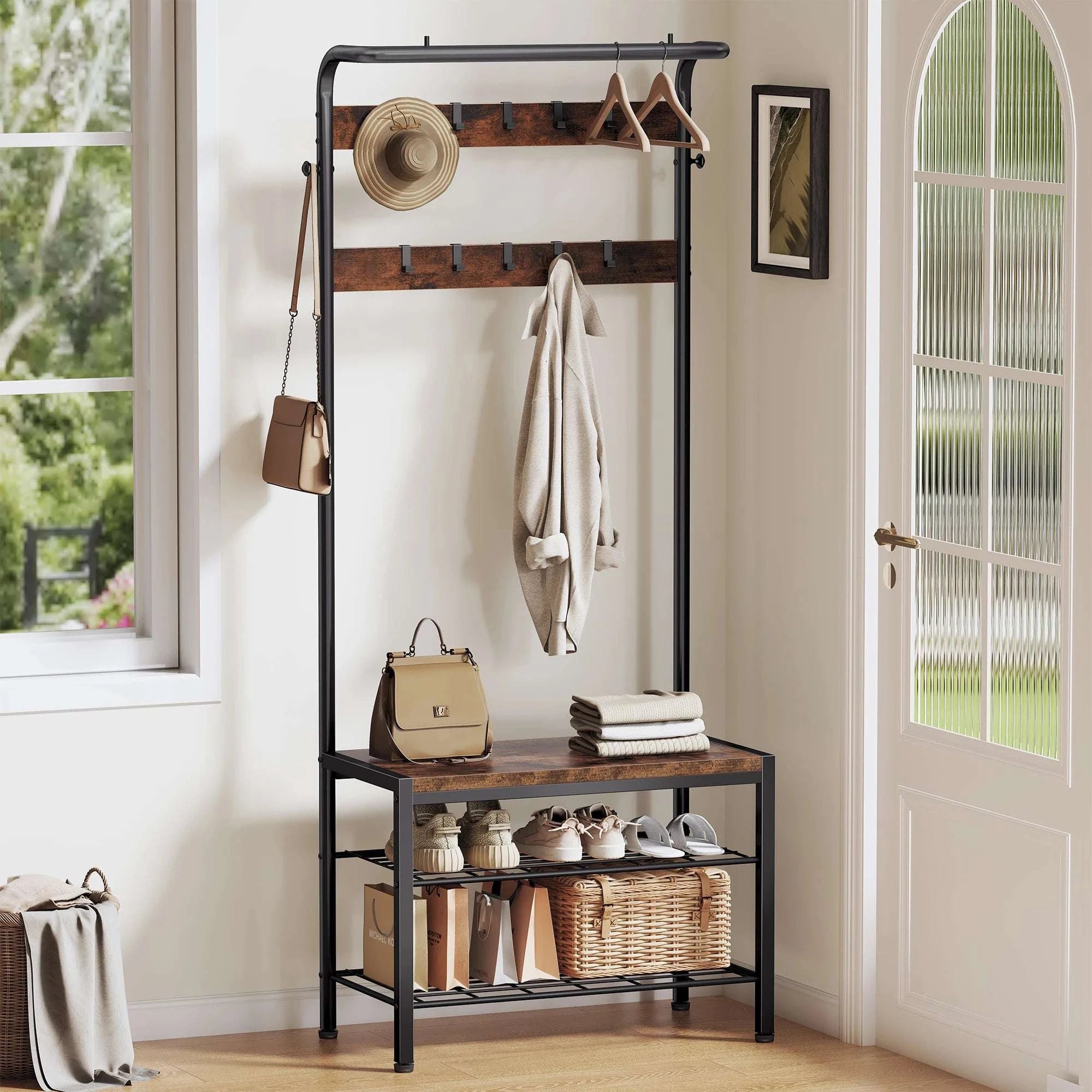 4-in-1 Entryway Coat Rack with Shoe Bench and Storage Hooks-Brown / United States