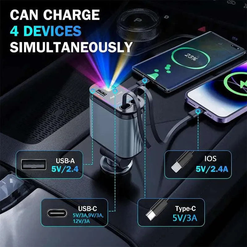 4‑in‑1 Retractable Car Charger with Starry Sky Light and Dual Ports-Type-C and Type-C / China Mainland