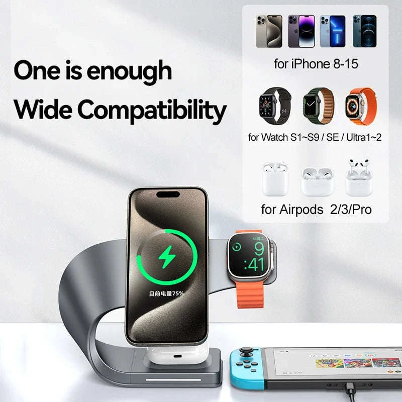 4‑in‑1 Wireless Charger Metal Shell for iPhone, AirPods & Watch-Gray