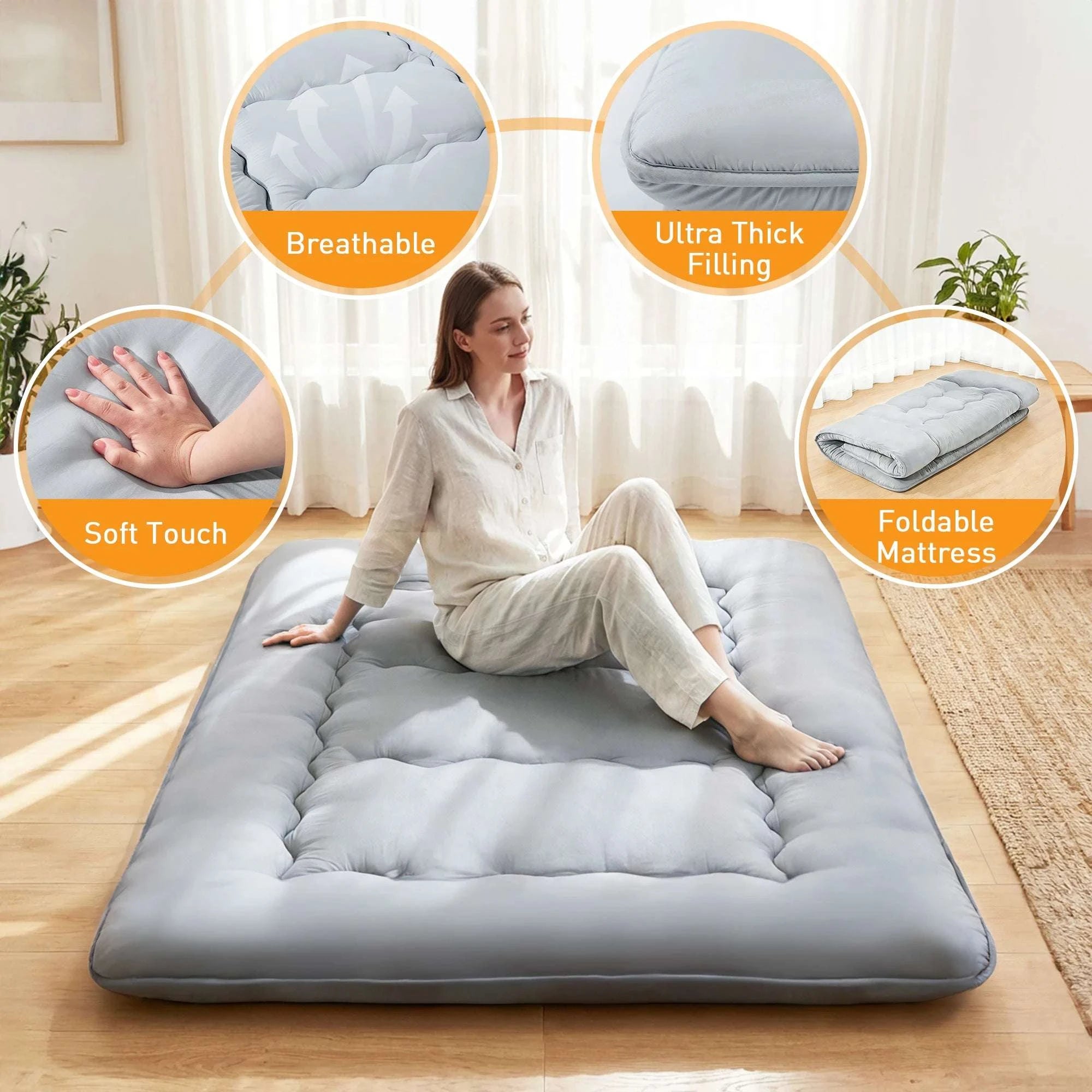 4 Inch Foldable Floor Mattress with Washable Cover and Storage Bag-Gray / Queen / United States