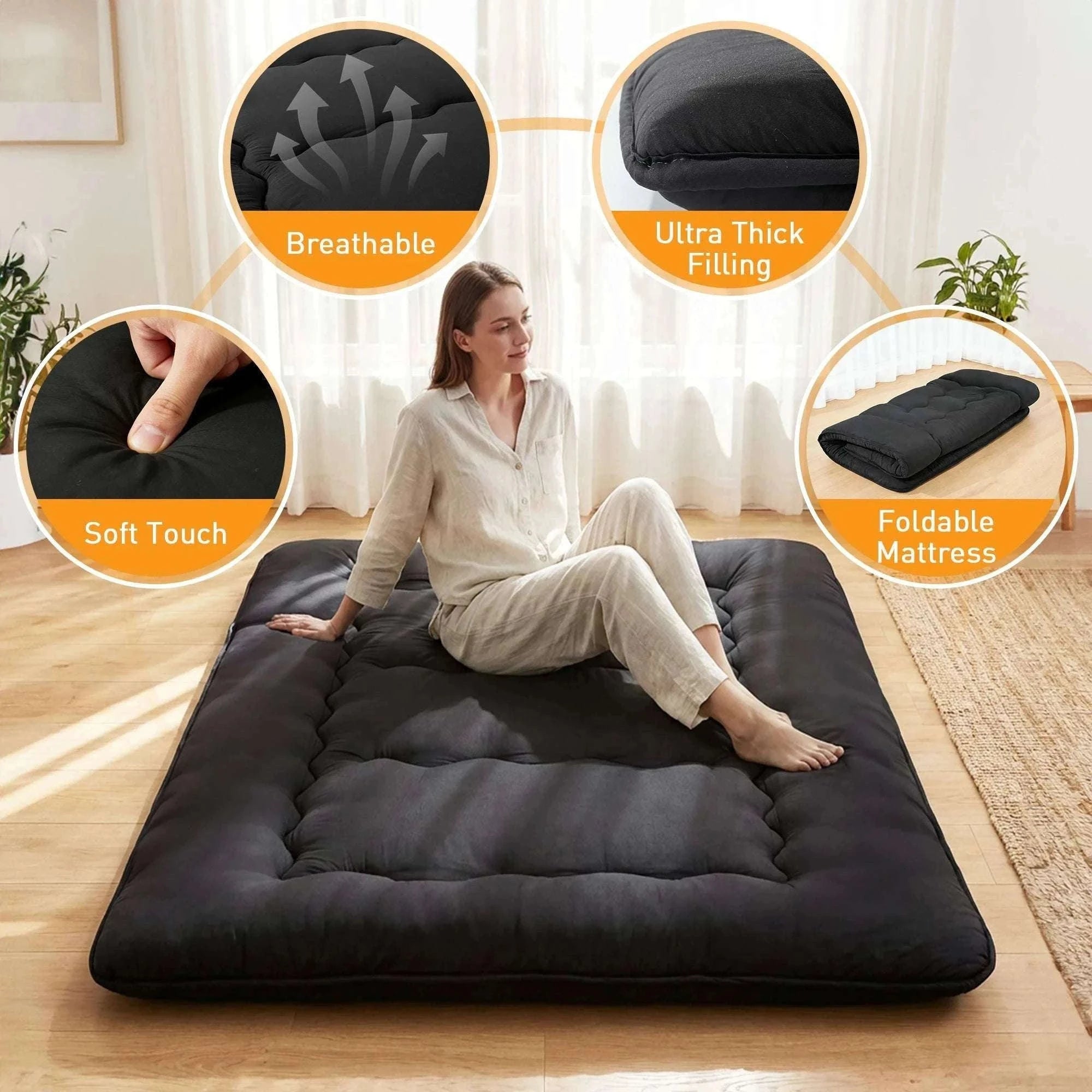 4 Inch Foldable Floor Mattress with Washable Cover and Storage Bag-Gray / Queen / United States