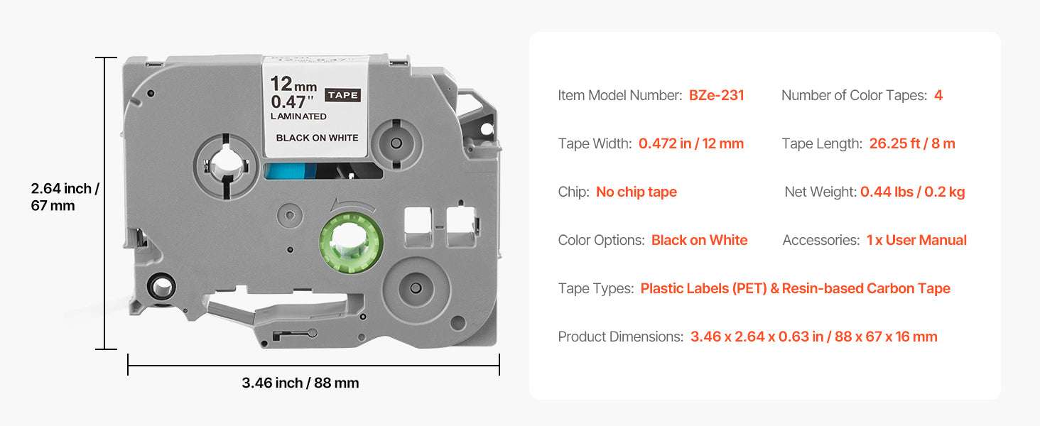4-Pack 12mm Label Maker Tape Black on White for Brother TZe-231-M-K231 / UNITED KINGDOM