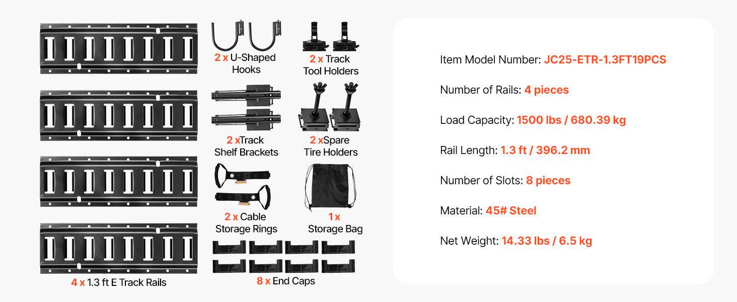 4 Pack E-Track Tie-Down Rail Kit with Hooks, Shelves & Tire Holders-4 Pack / United States