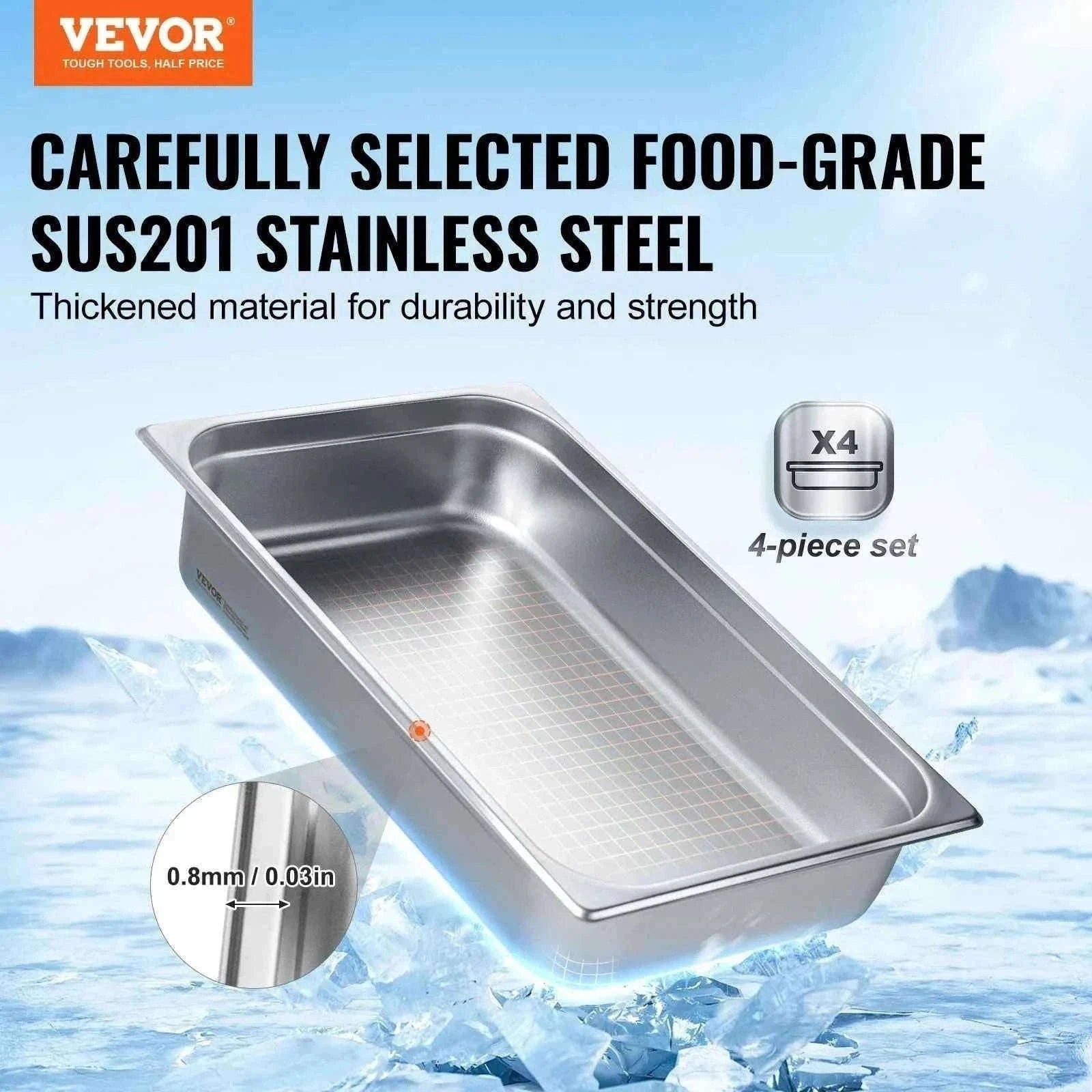 4-Pack Full-Size Stainless Steel Steam Table Pans with Lids, 4-Inch Deep-4 Packs / CZECH REPUBLIC