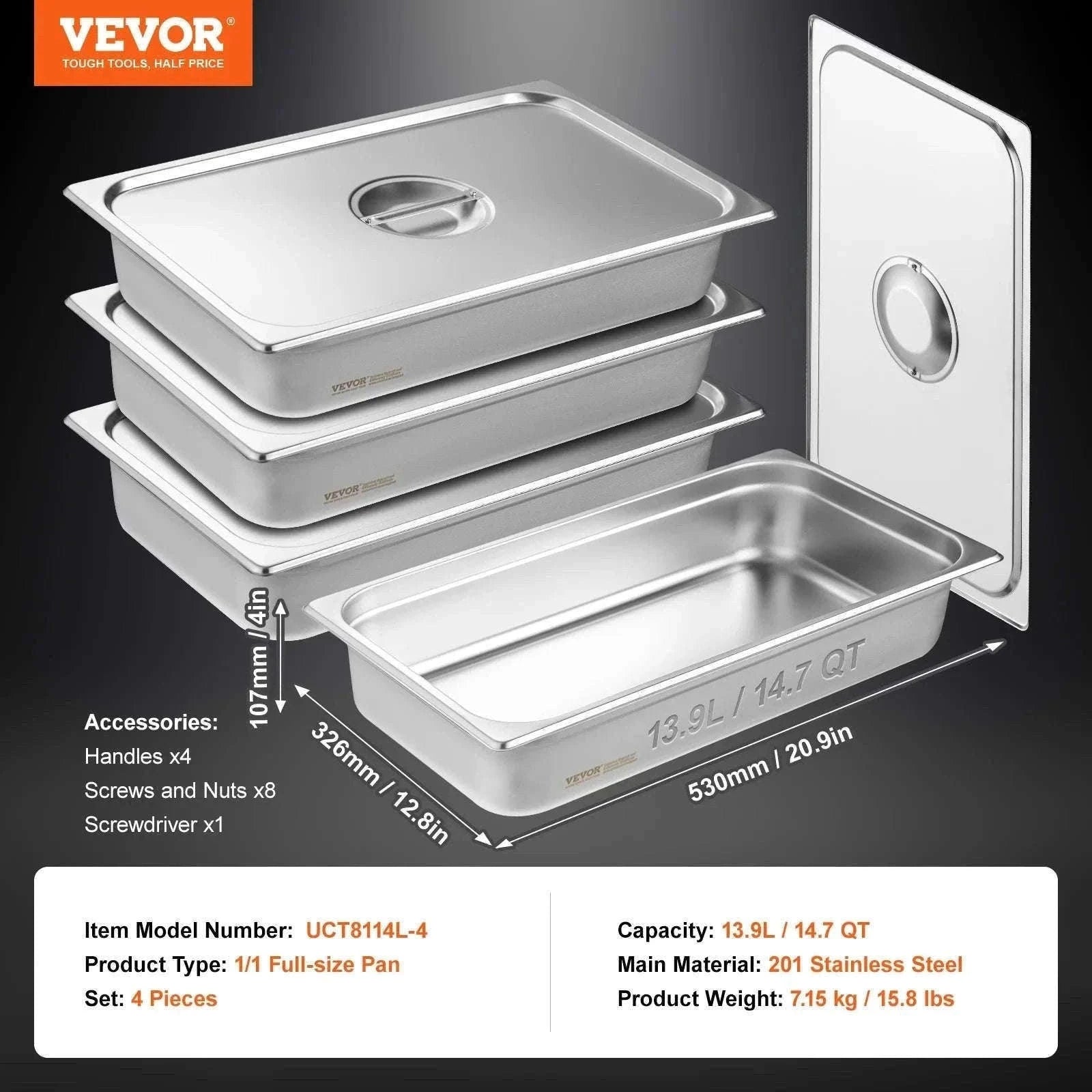 4-Pack Full-Size Stainless Steel Steam Table Pans with Lids, 4-Inch Deep-4 Packs / CZECH REPUBLIC