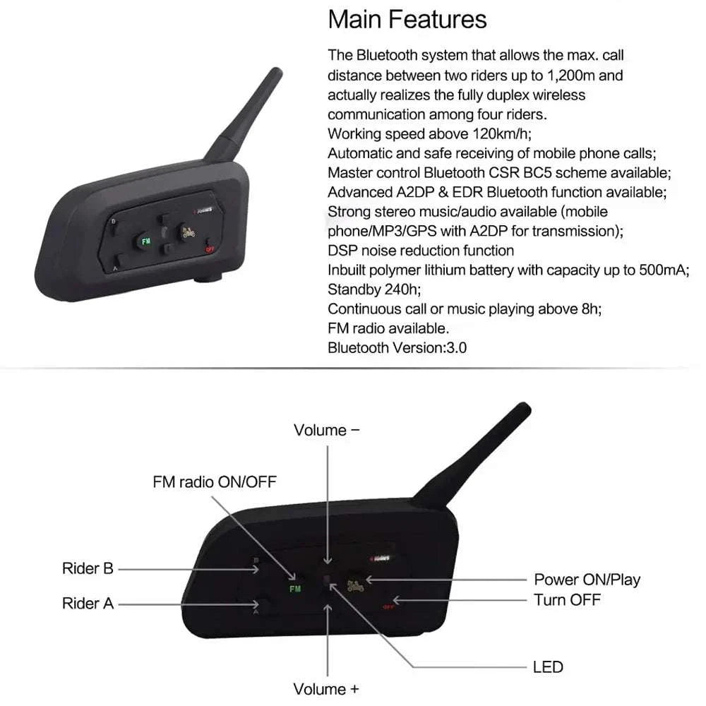 4-Person Referee Intercom Headset V4C 1200m Full Duplex Bluetooth-V4Cx4 add Handbag