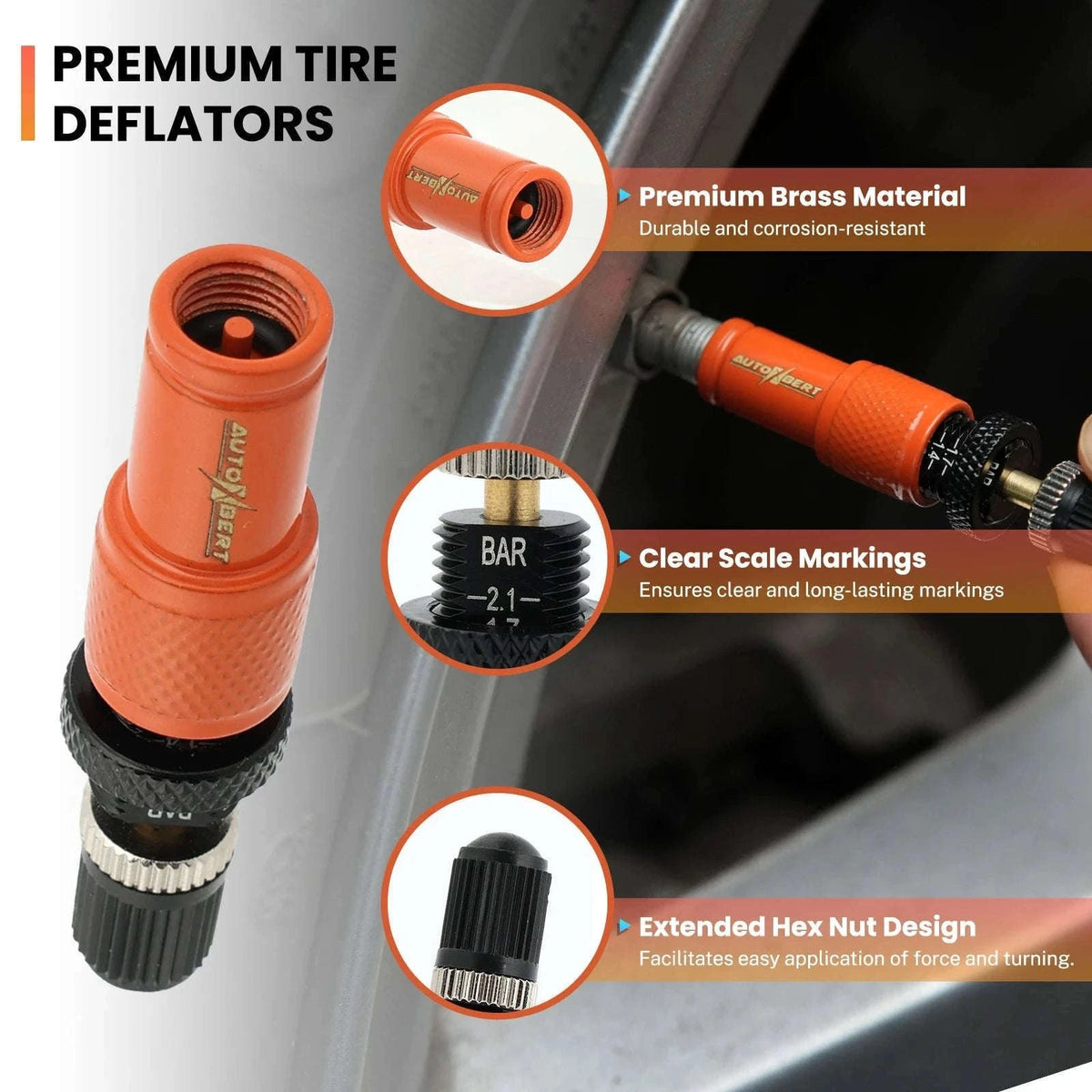 4-Piece Adjustable Auto-Stop Tire Deflator Kit 10-30 PSI Orange-Default Title