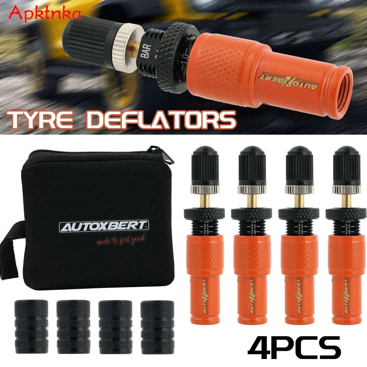 4-Piece Adjustable Auto-Stop Tire Deflator Kit 10-30 PSI Orange-Default Title