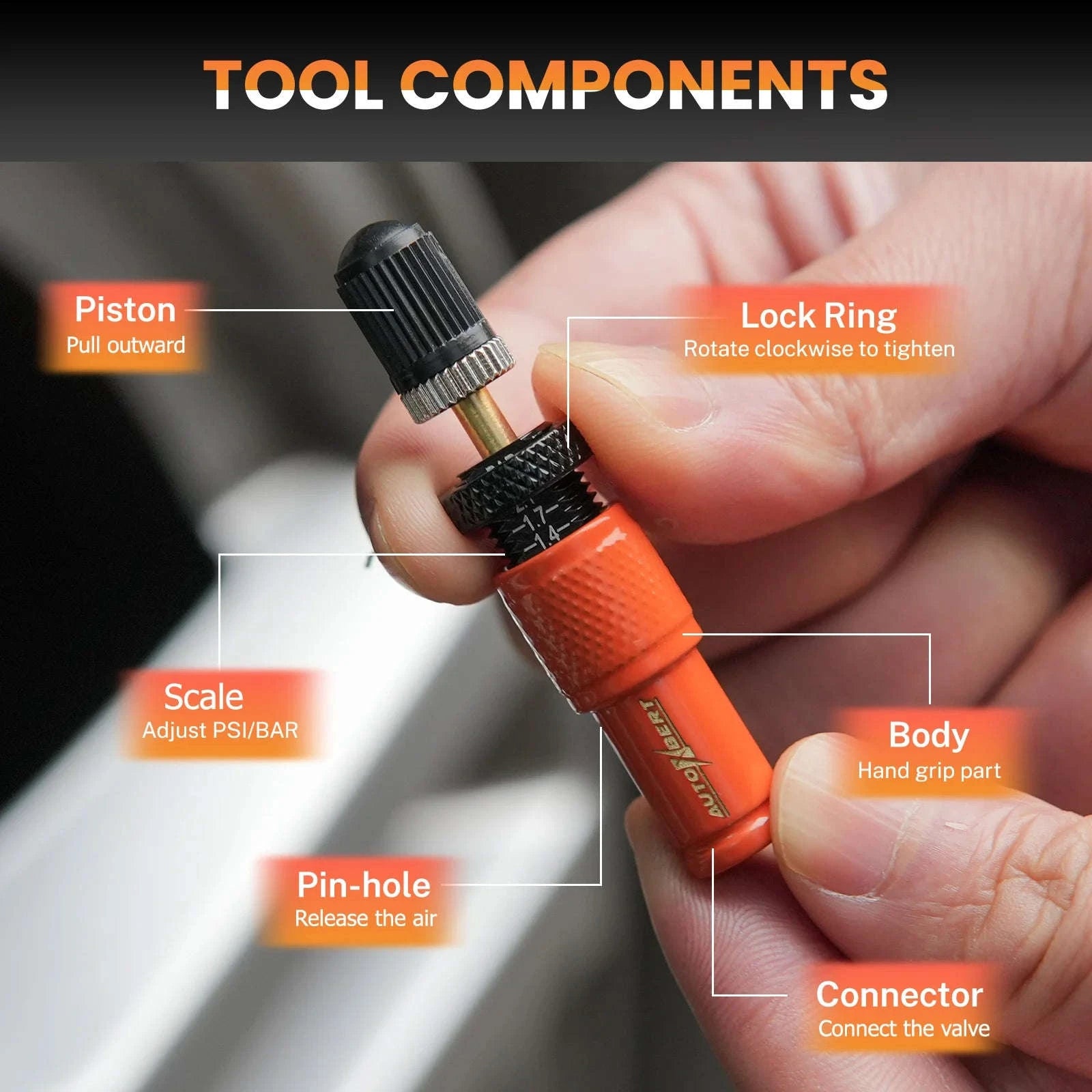 4-Piece Adjustable Auto-Stop Tire Deflator Kit 10-30 PSI Orange-Default Title