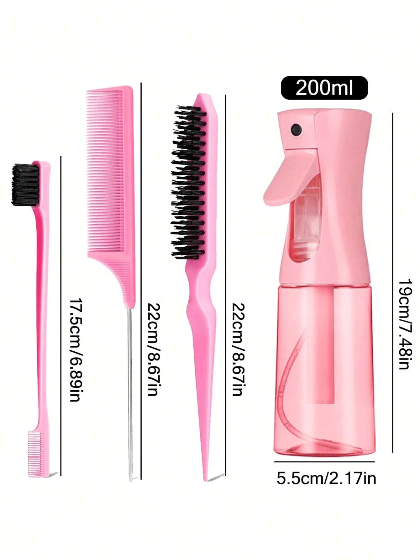 4-Piece Slick Back Hair Styling Kit with Edge Brush & Spray Bottle-Pink / United States