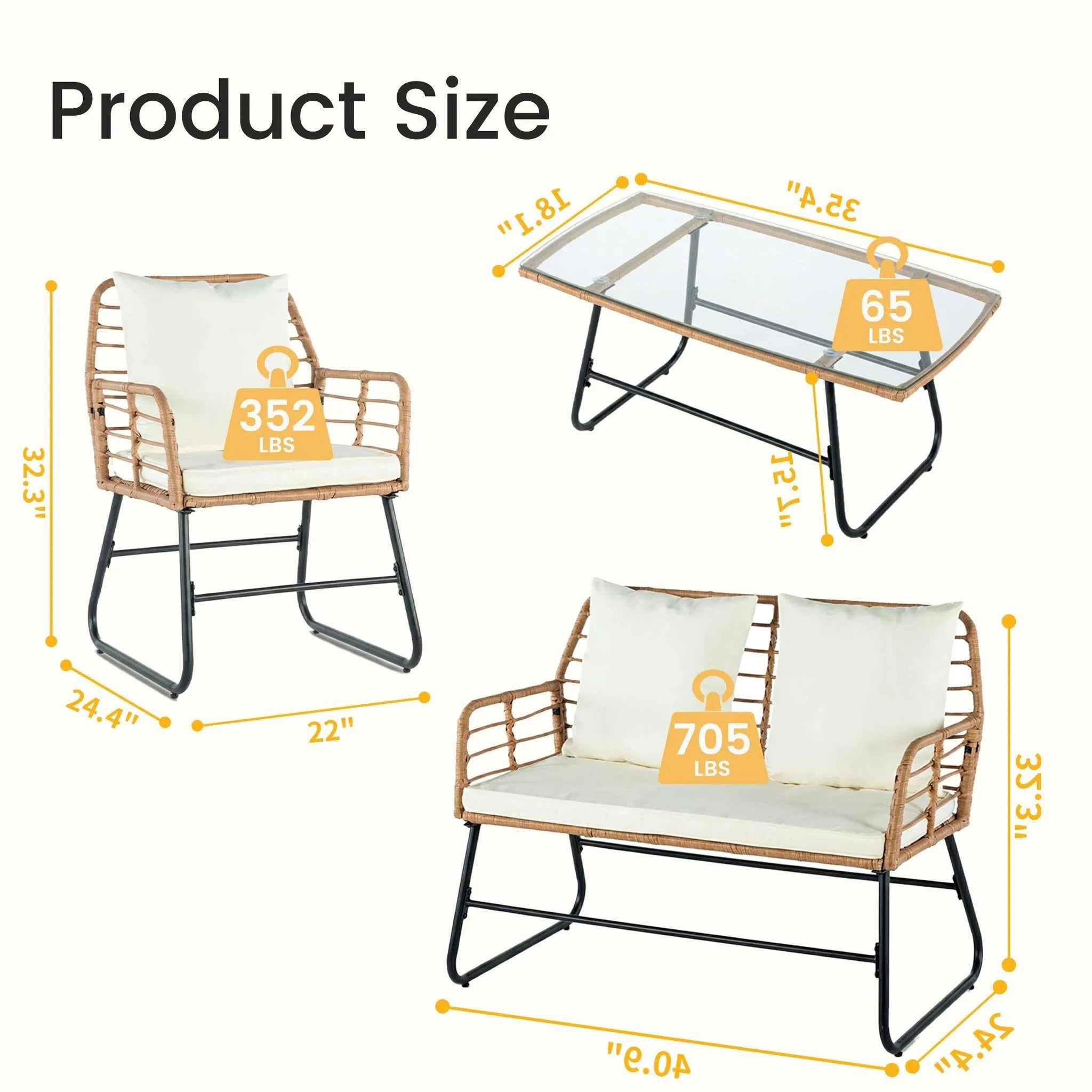 4-Piece Wicker Patio Furniture Set with Cushions & Glass Table-Gray Blue / United States