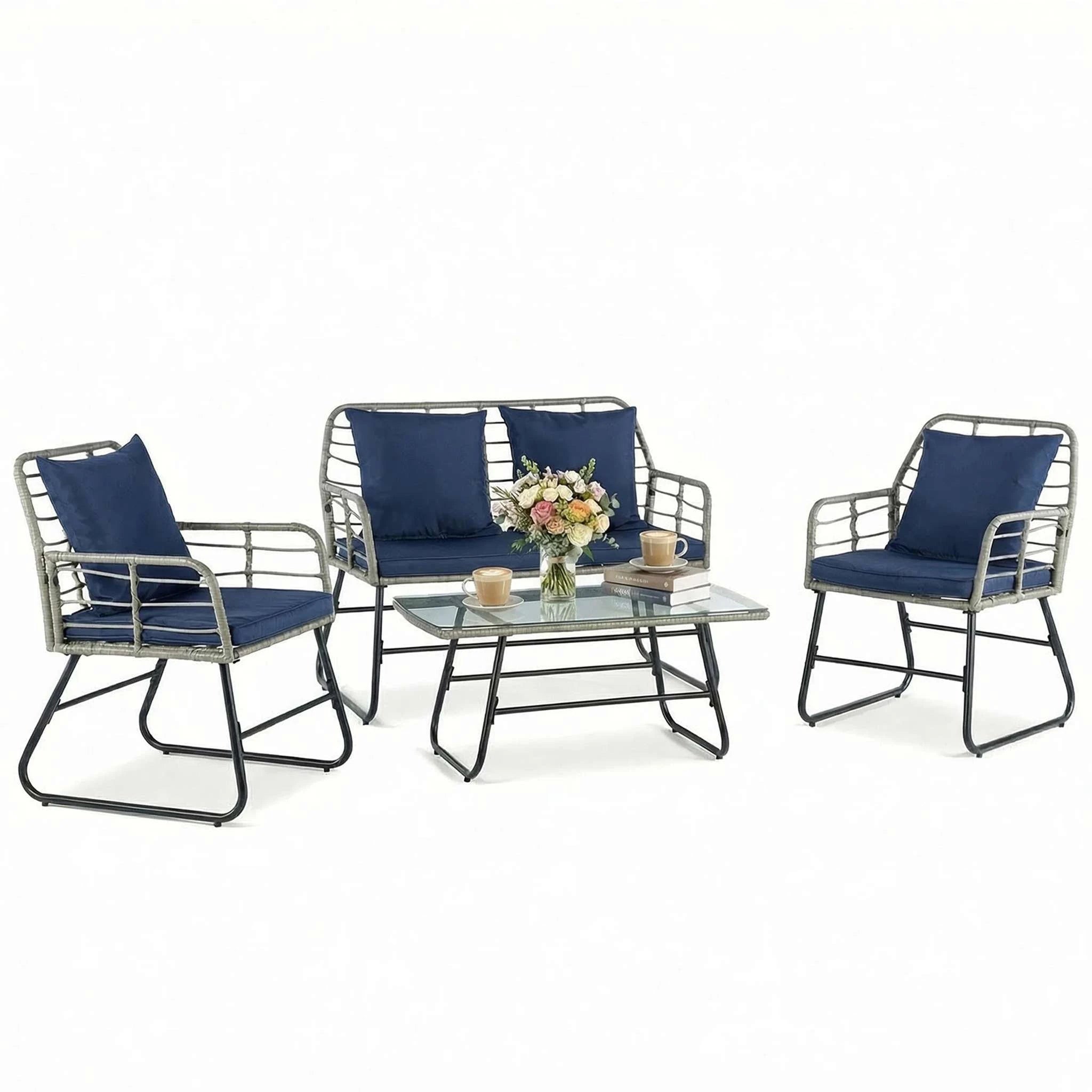 4-Piece Wicker Patio Furniture Set with Cushions & Glass Table-Gray Blue / United States