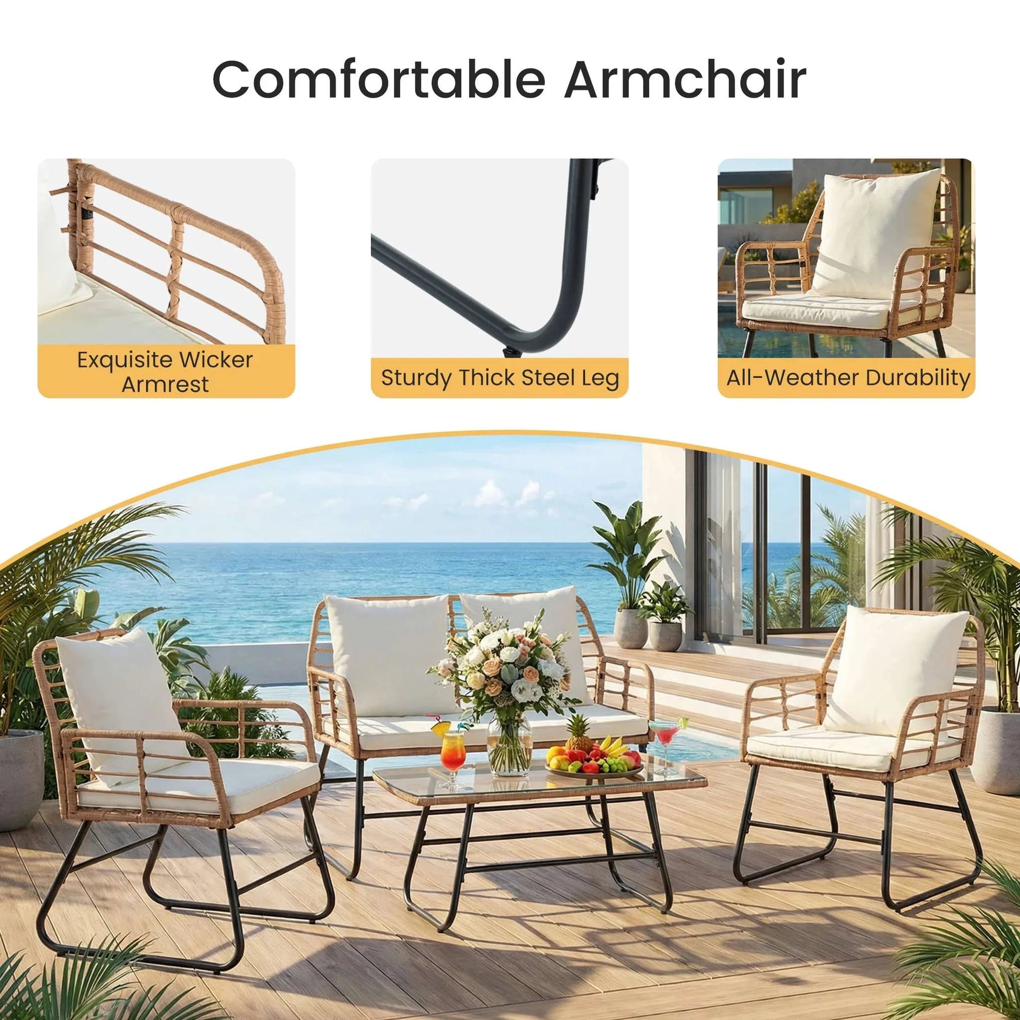 4-Piece Wicker Patio Furniture Set with Cushions & Glass Table-Gray Blue / United States