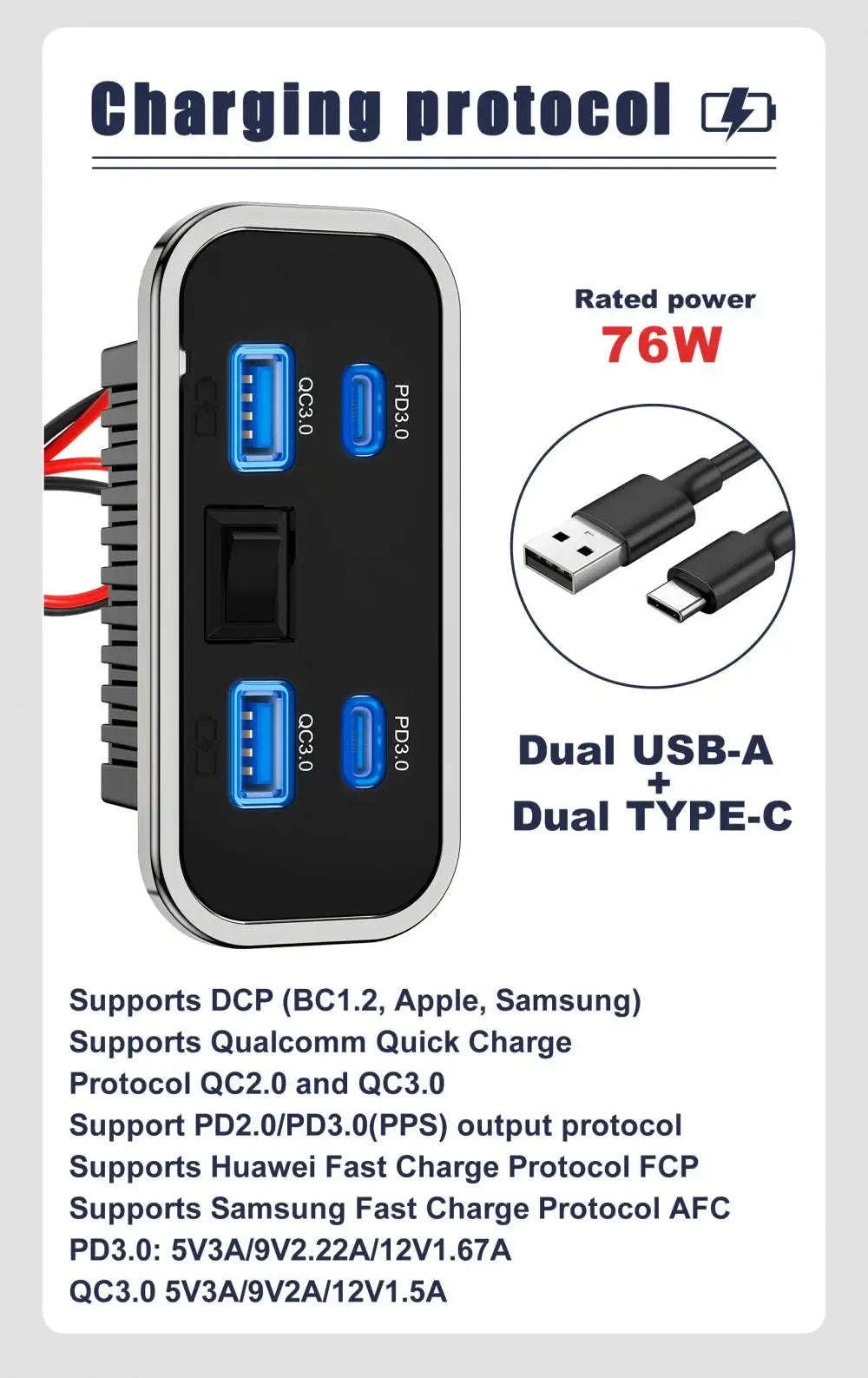 4-Port 12V/24V Car USB Socket Charger with Dual USB-C and Dual USB-A-2USB 2 Type C -B / China Mainland