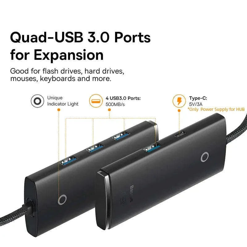 4-Port USB-C to USB 3.0 Hub Adapter, 5Gbps Transfer-USB A HUB 1m Black