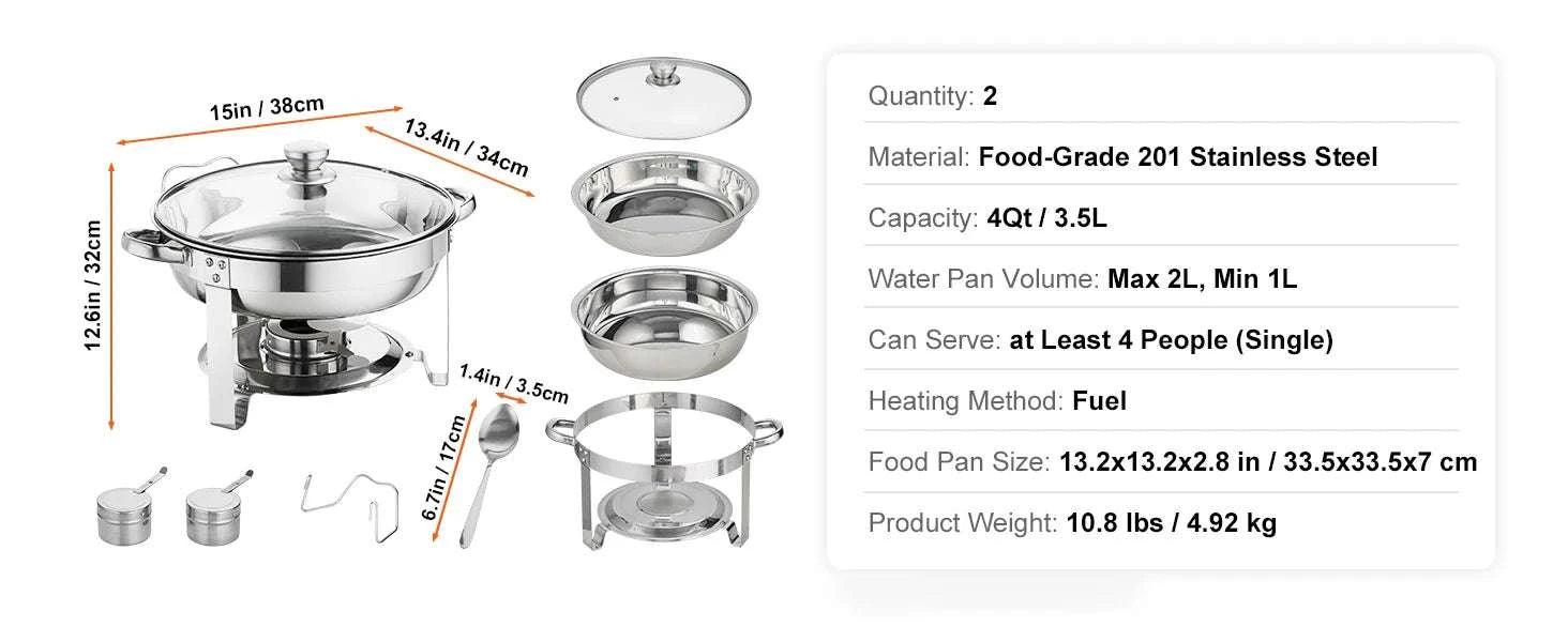 4 Qt Round Chafing Dish Buffet Set with Glass Lid (2 Pack)-2 Packs / United States