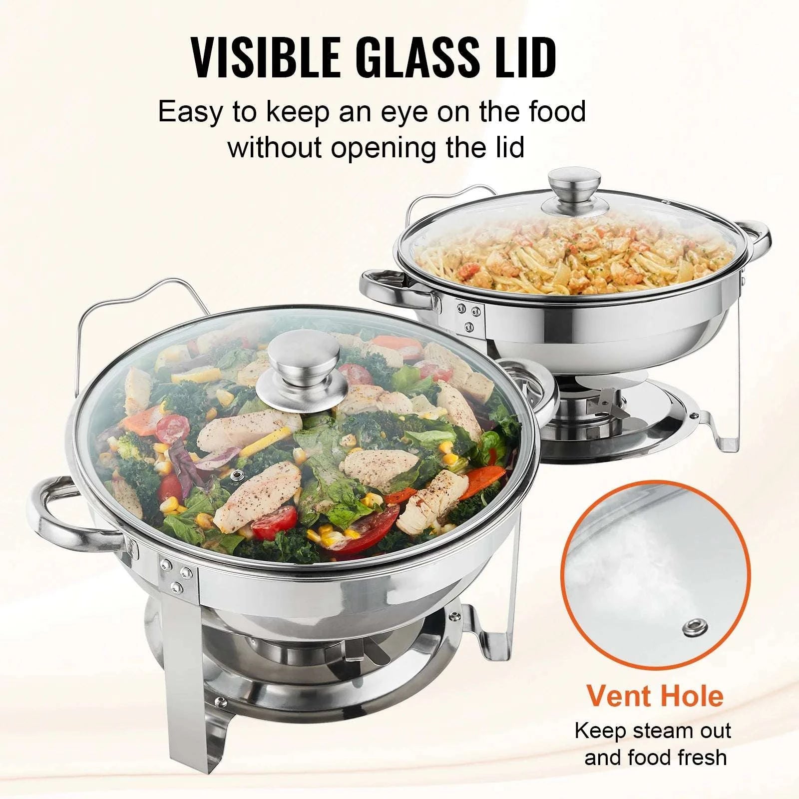 4 Qt Round Chafing Dish Buffet Set with Glass Lid (2 Pack)-2 Packs / United States