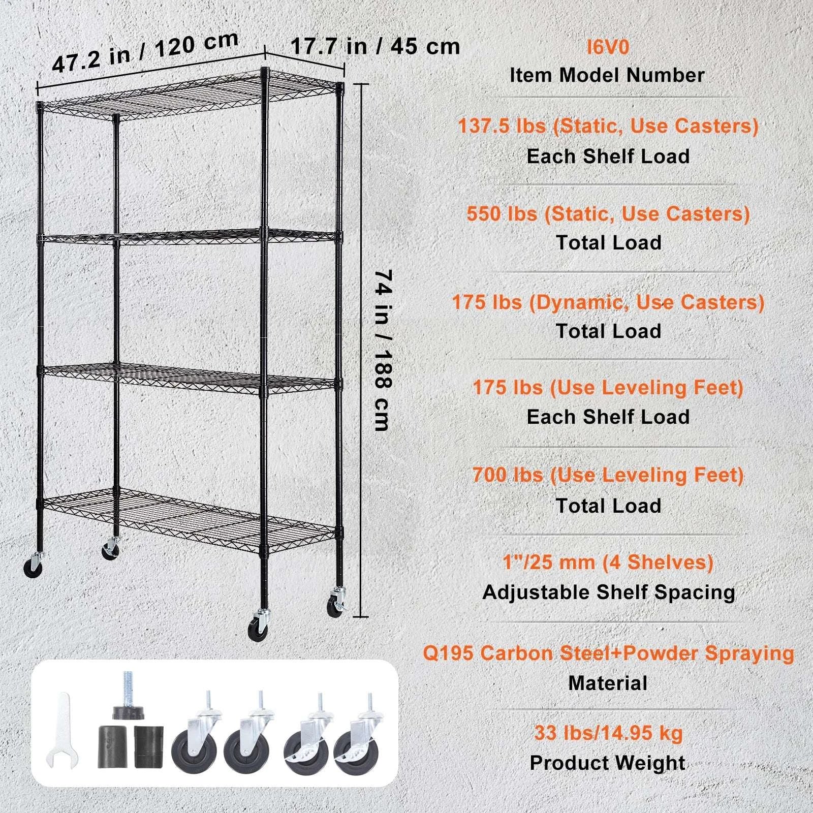 4-Tier Heavy Duty Storage Shelf with Adjustable Shelves & Wheels-black / CZECH REPUBLIC
