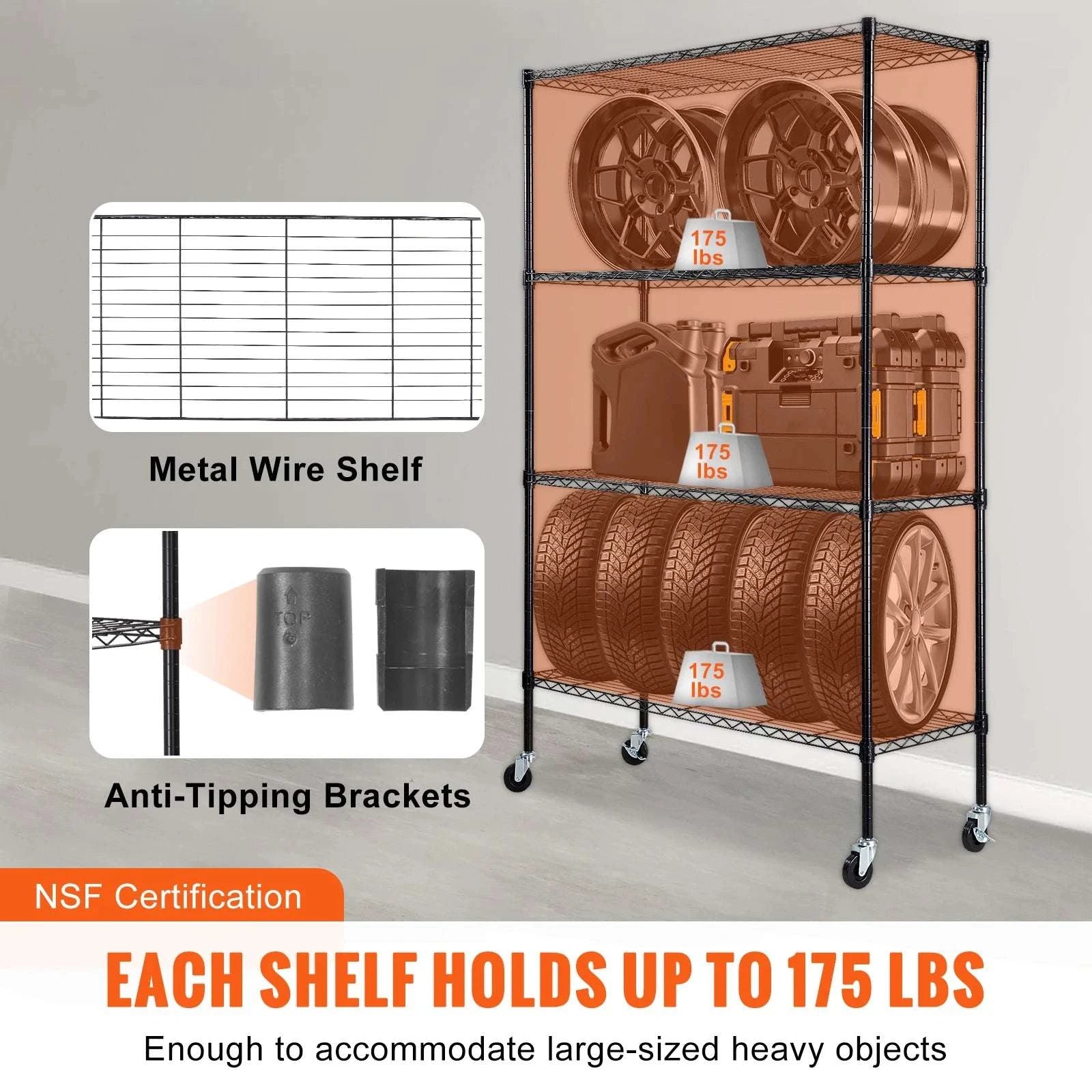 4-Tier Heavy Duty Storage Shelf with Adjustable Shelves & Wheels-black / CZECH REPUBLIC