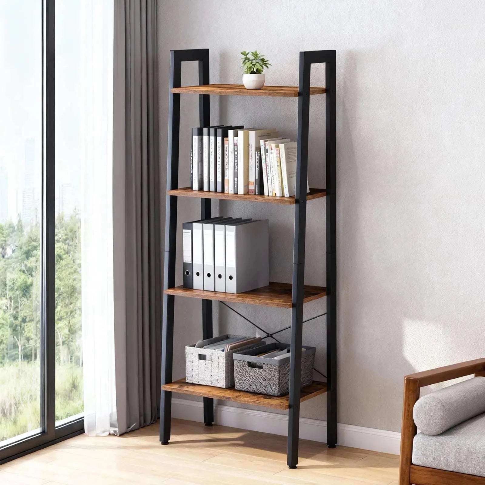 4-Tier Ladder Bookshelf with Wood Shelves and Metal Frame-Rust / United States