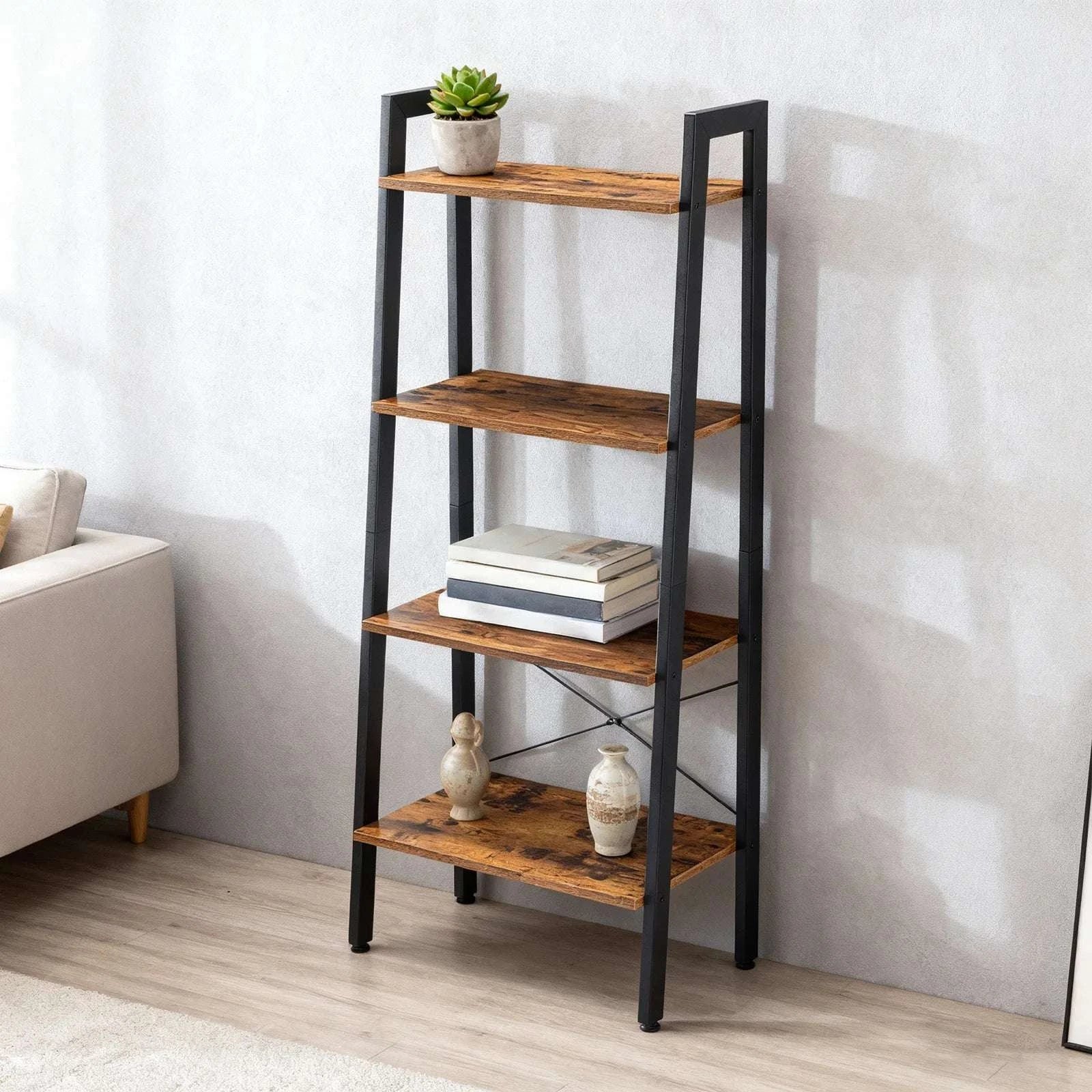 4-Tier Ladder Bookshelf with Wood Shelves and Metal Frame-Rust / United States