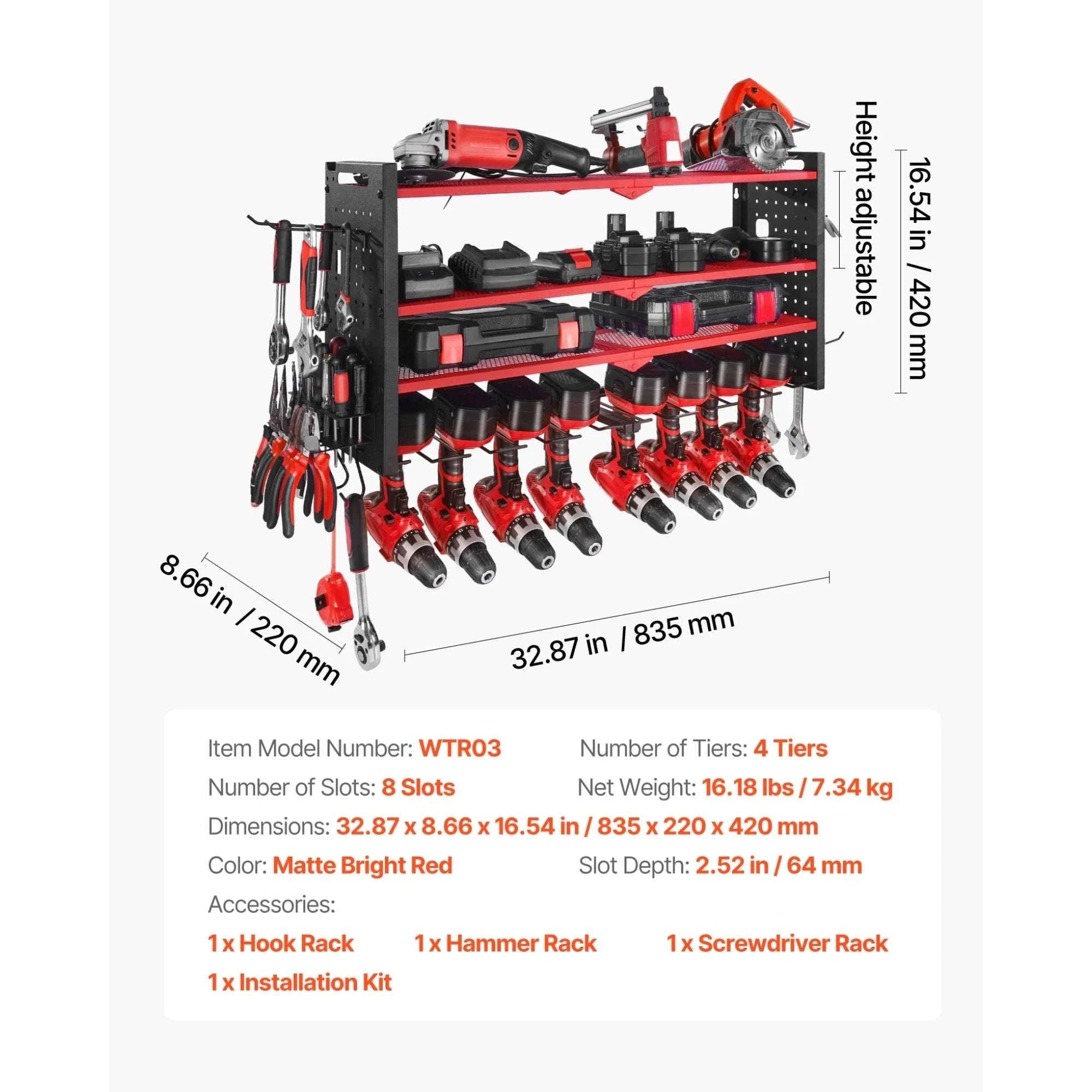 4-Tier Wall Mounted Power Tool Organizer Rack with Pegboard-4 Tiers / United States