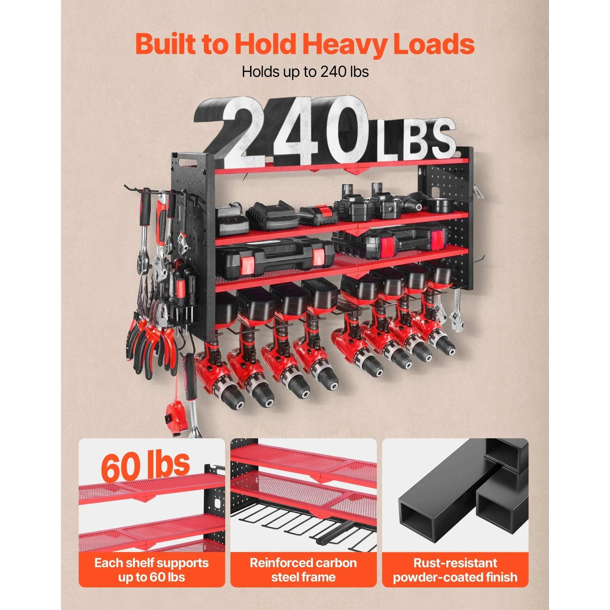 4-Tier Wall Mounted Power Tool Organizer Rack with Pegboard-4 Tiers / United States