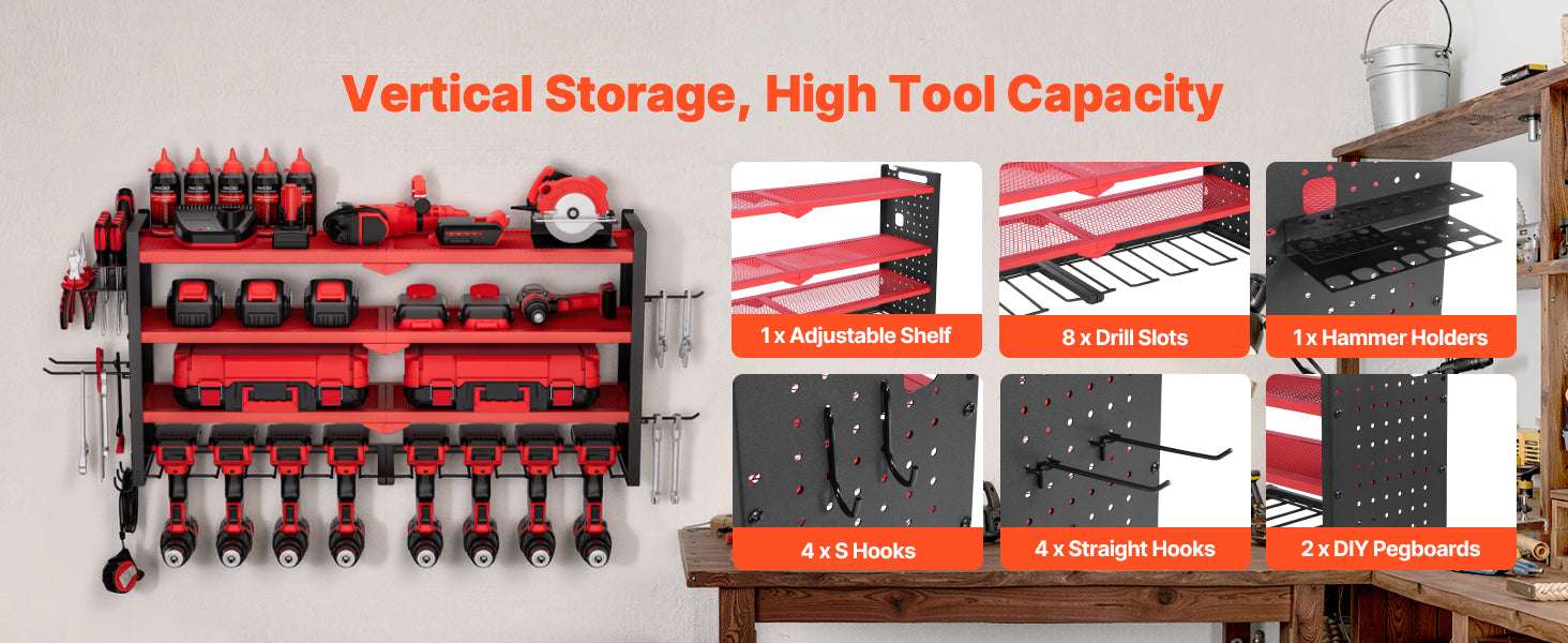 4-Tier Wall Mounted Power Tool Organizer Rack with Pegboard-4 Tiers / United States