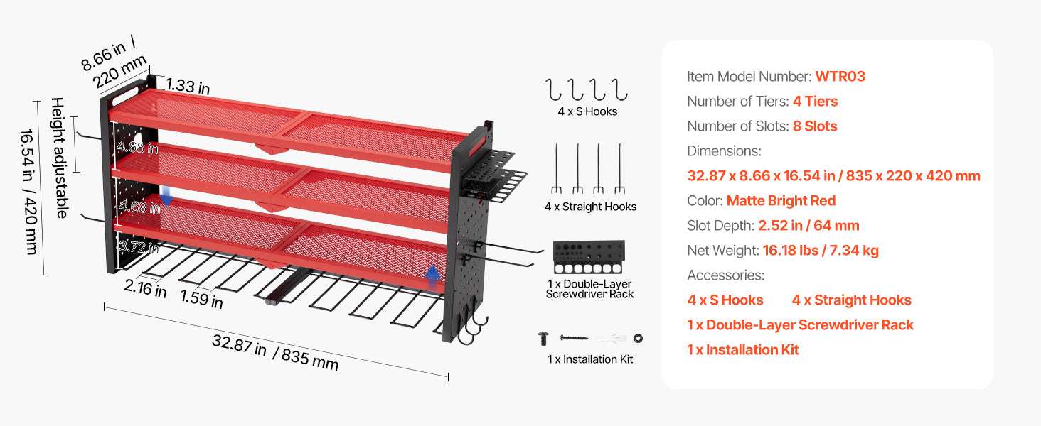 4-Tier Wall Mounted Power Tool Organizer Rack with Pegboard-4 Tiers / United States
