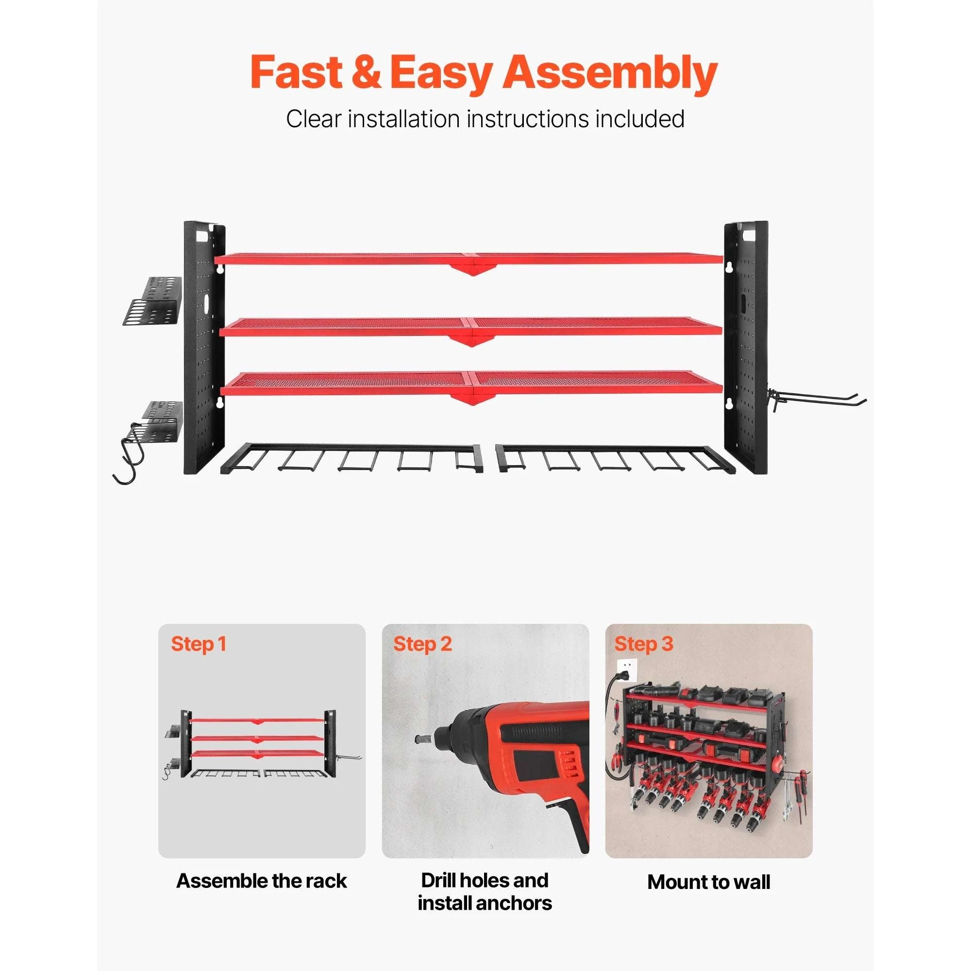4-Tier Wall Mounted Power Tool Organizer Rack with Pegboard-4 Tiers / United States