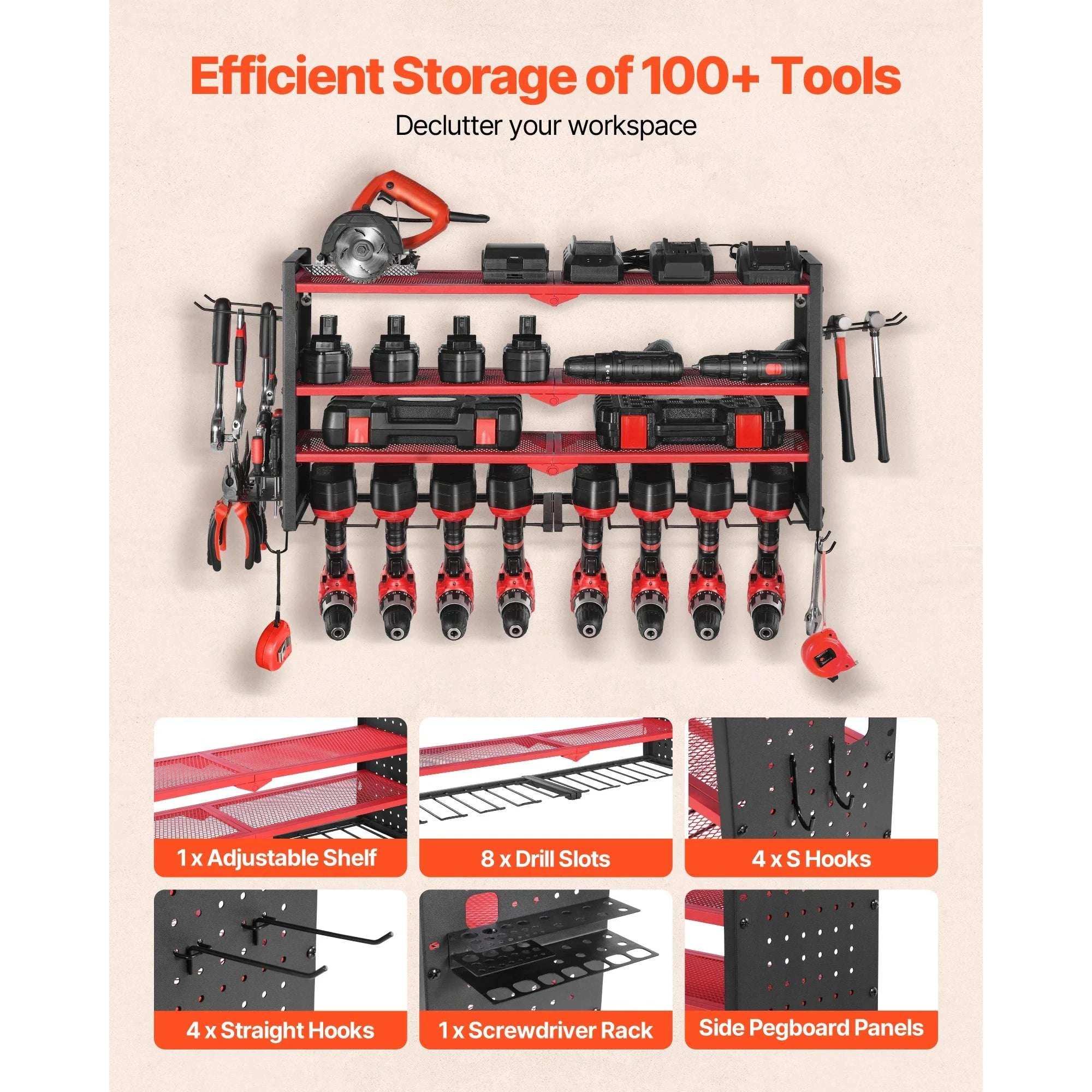 4-Tier Wall Mounted Power Tool Organizer Rack with Pegboard-4 Tiers / United States