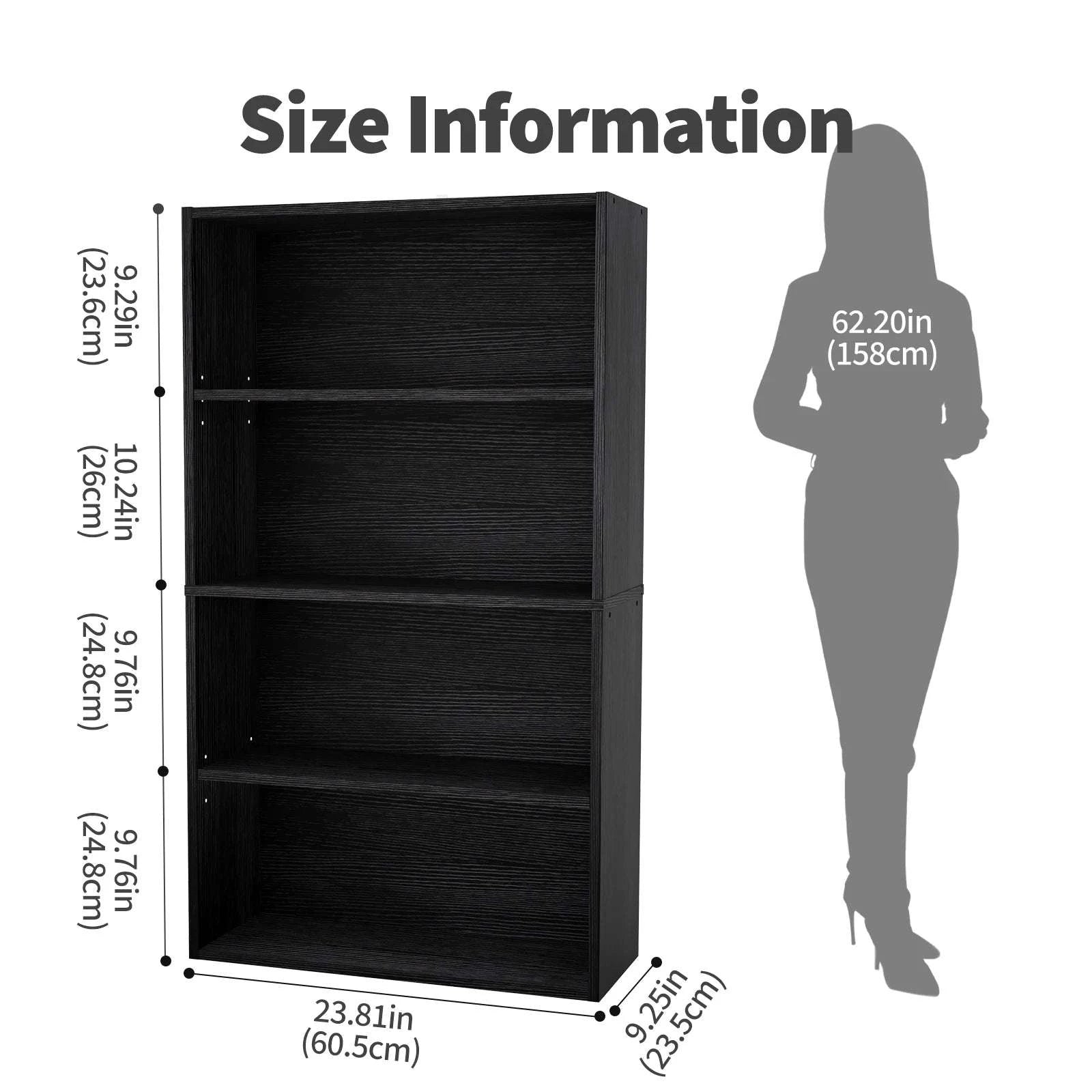 4 Tier Wooden Bookcase Open Shelf Storage for Home & Office-4 Shelf Black / United States