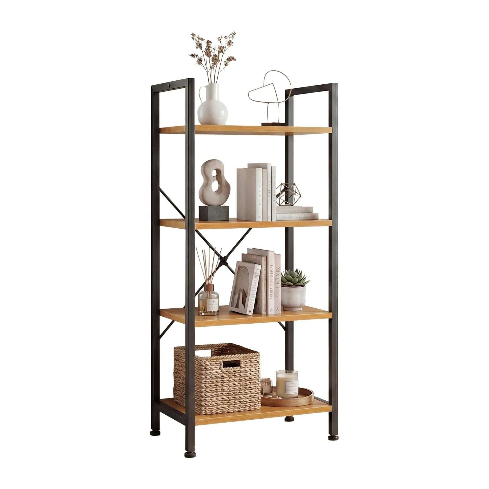 4 Tier Wooden Display Bookshelf with Metal Frame Storage Shelf-black / United States
