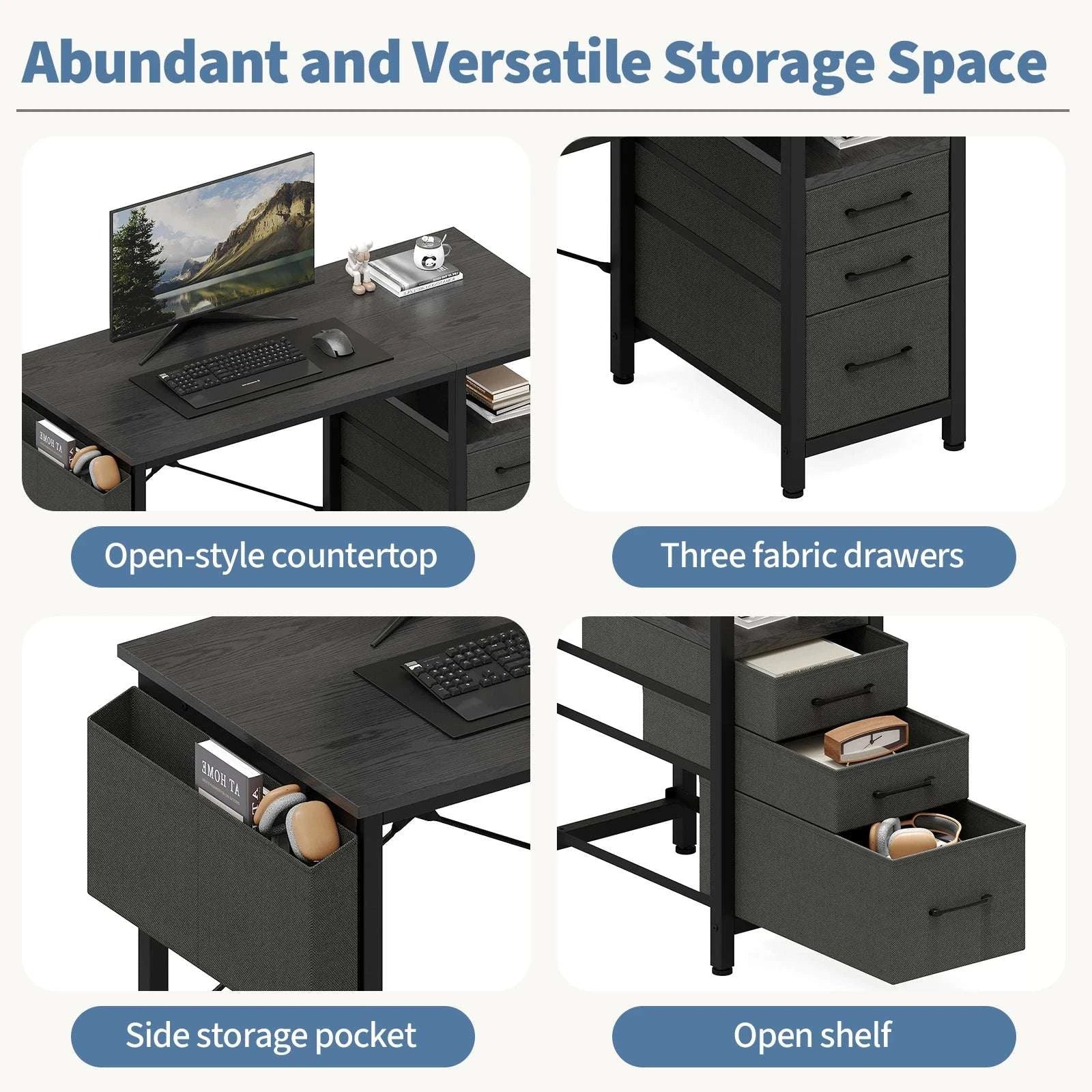 40 Inch Computer Desk with Fabric Drawers and Side Pocket-Brown / United States