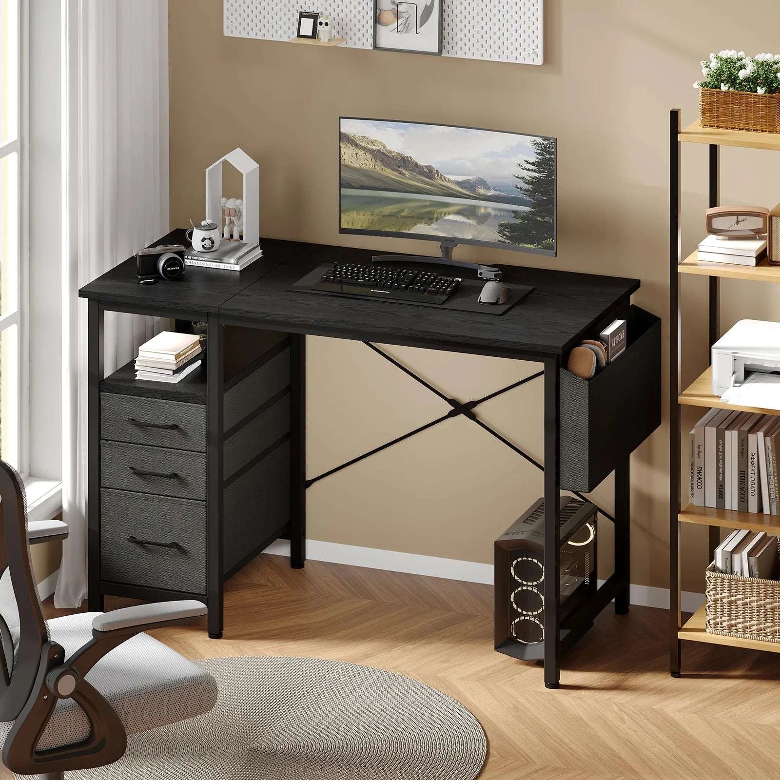 40 Inch Computer Desk with Fabric Drawers and Side Pocket-Brown / United States