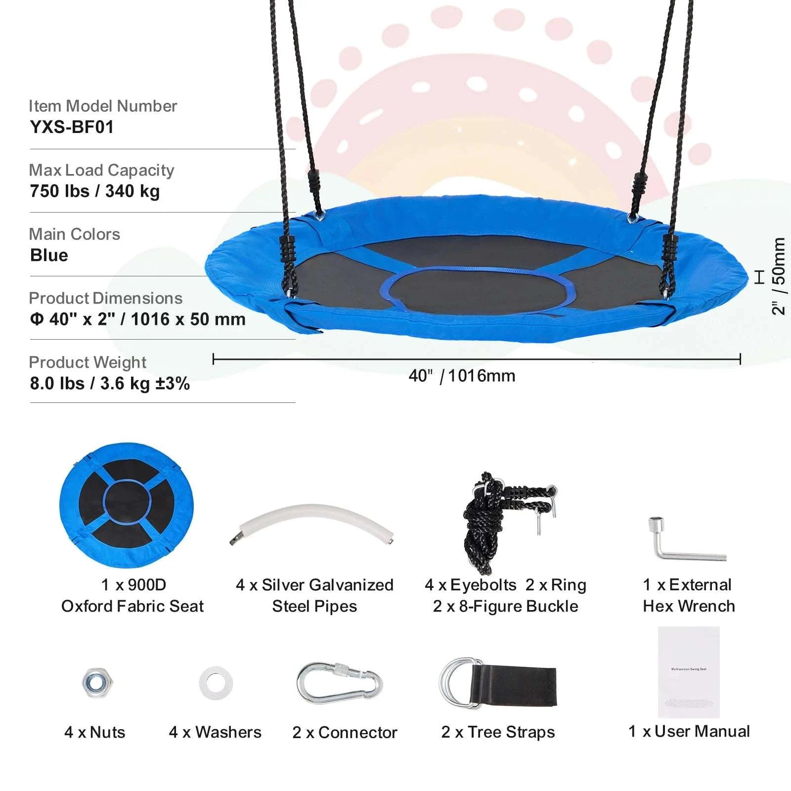 40" Tree Swing Saucer Seat 750lbs with Straps & Adjustable Ropes-Canvas 150lbs / CZECH REPUBLIC