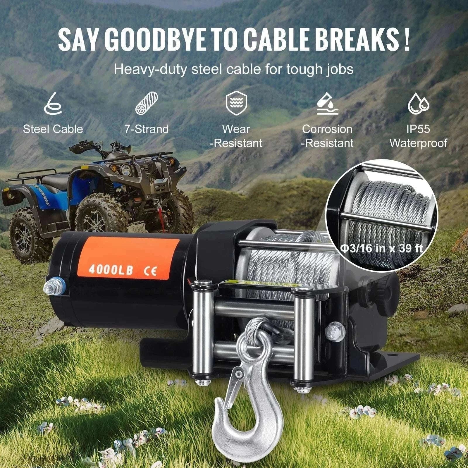 4000lb Electric ATV Winch with Steel Cable & Dual Remote Control-4000lbs / United States